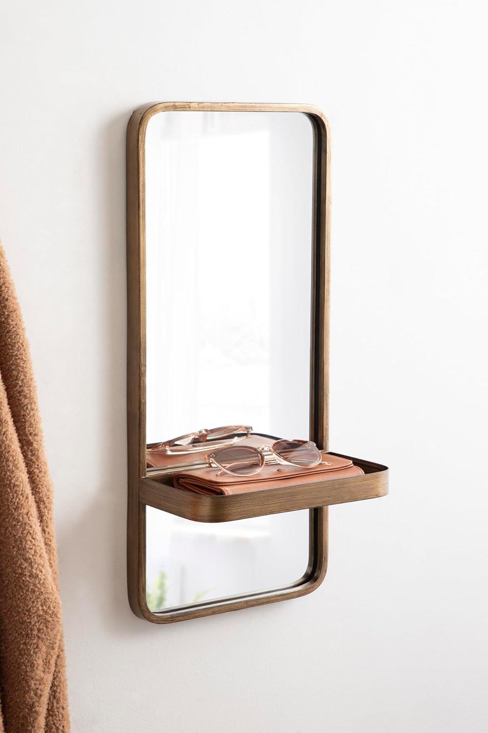 Kate & Laurel All Things Decor 11"x24" Estero Wall Rectangle Mirror with Shelf Gold: Mid-Century Modern, Wall-Mounted Storage