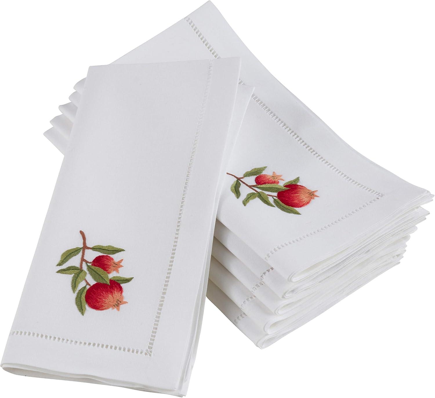 White Cotton Embroidered Pomegranate Table Napkins, 20" x 20", Set of 6