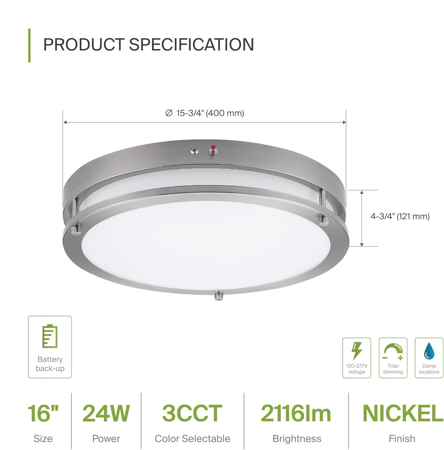 ASD LED 16 Inch Round Flush Mount Light Fixture | 24W 2150LM 3000K-5000K 100-277V | 3CCT, Dimmable, Energy Star, ETL Listed | Close to Ceiling Double Ring Lamp, Low Profile Lighting | Nickel, 2 Pack