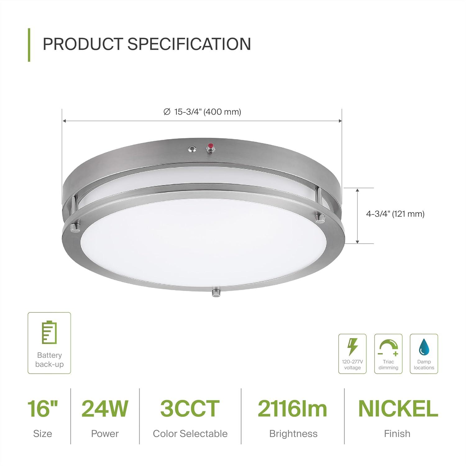 ASD LED 16 Inch Round Flush Mount Light Fixture | 24W 2150LM 3000K-5000K 100-277V | 3CCT, Dimmable, Energy Star, ETL Listed | Close to Ceiling Double Ring Lamp, Low Profile Lighting | Nickel, 2 Pack