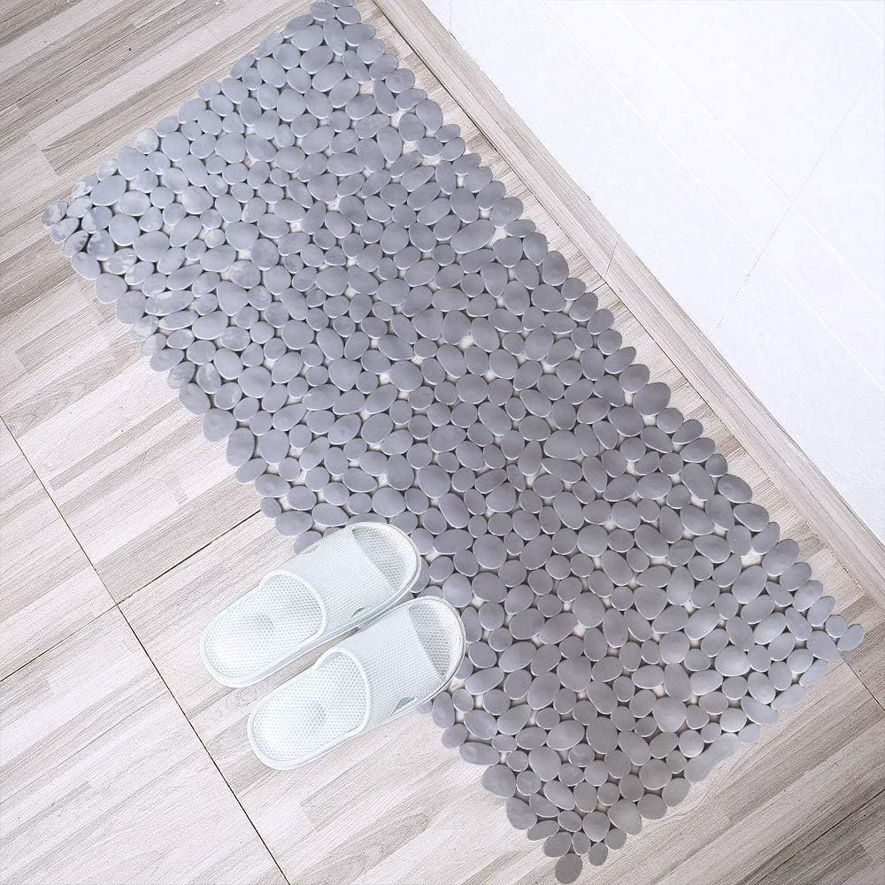 Gray PVC Pebble Bath Mat with Suction Cups and Drain Holes, 35x16 Inches