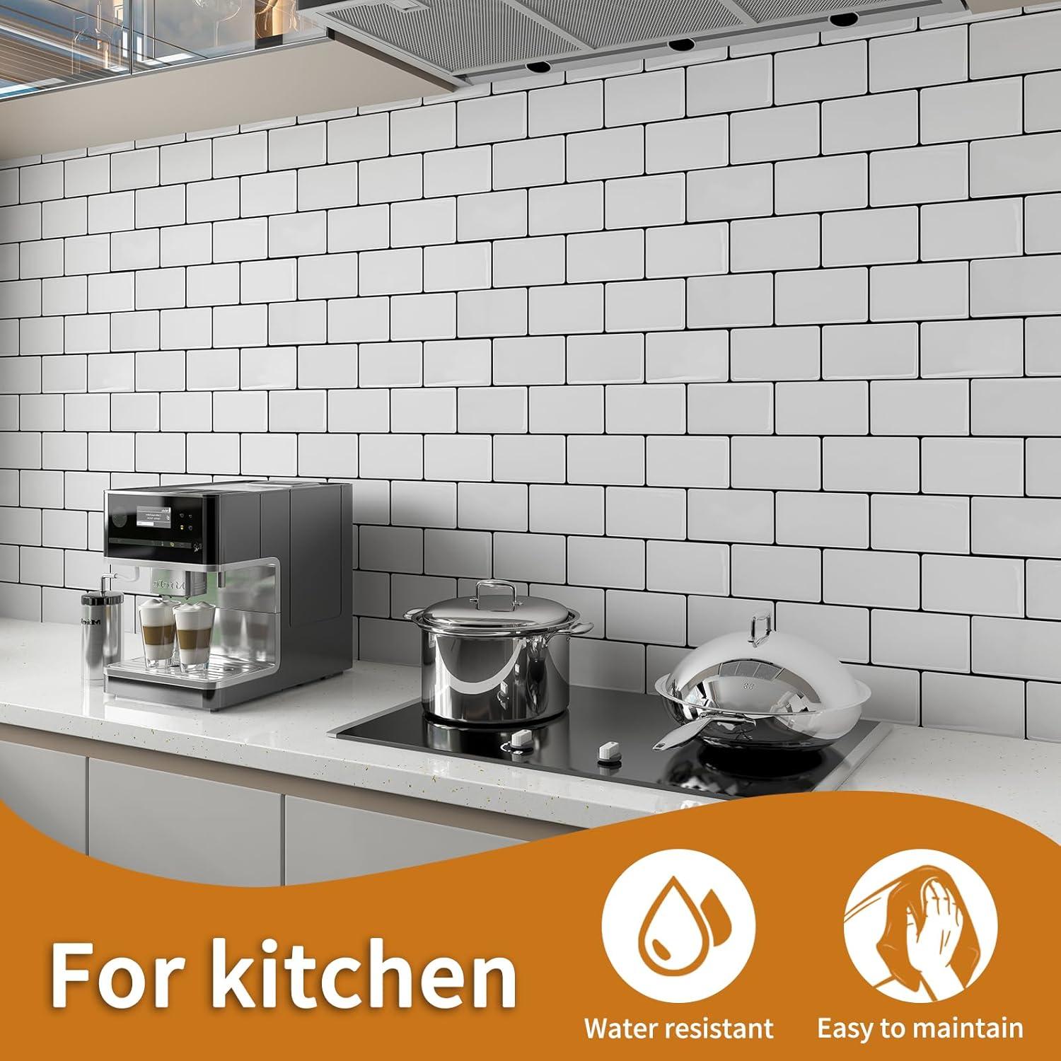 Art3d Peel and Stick Backsplash Tile, 10-Sheet Stick on Subway Tiles for Kitchem, Bathroom Back Splashes, 12"x12", Warm White with Black Grout