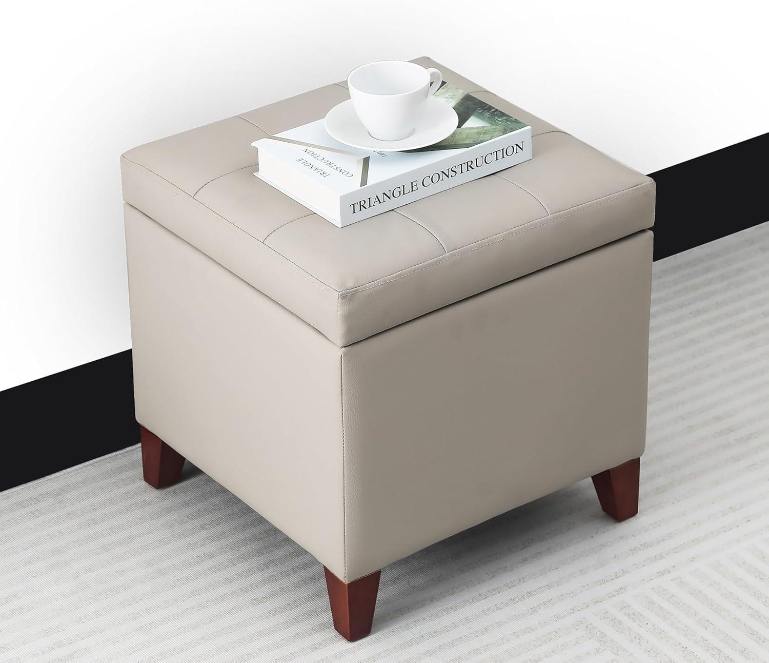 Elephant Grey Faux Leather Tufted Storage Ottoman with Cherry Wood Legs
