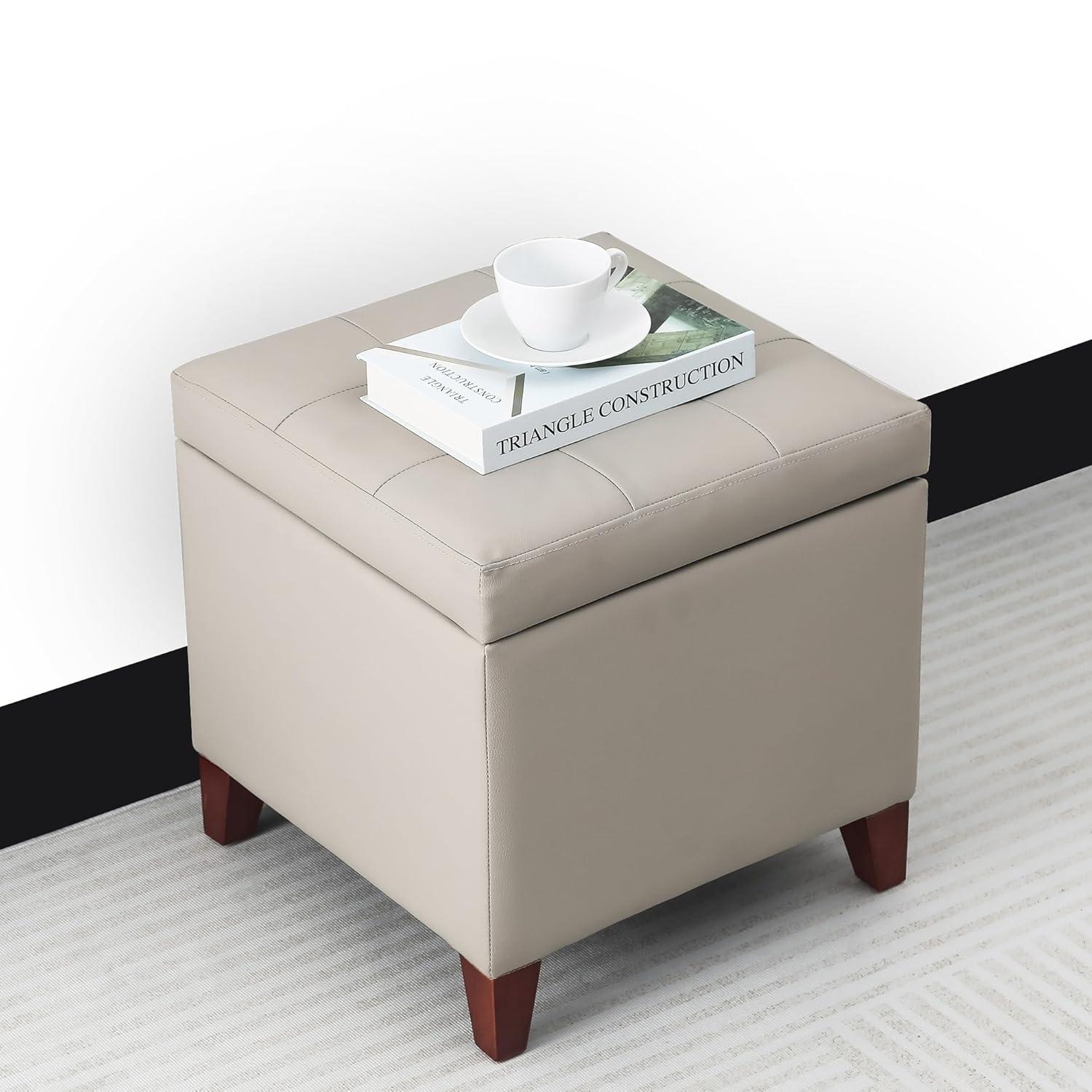 Elephant Grey Faux Leather Tufted Storage Ottoman with Cherry Wood Legs