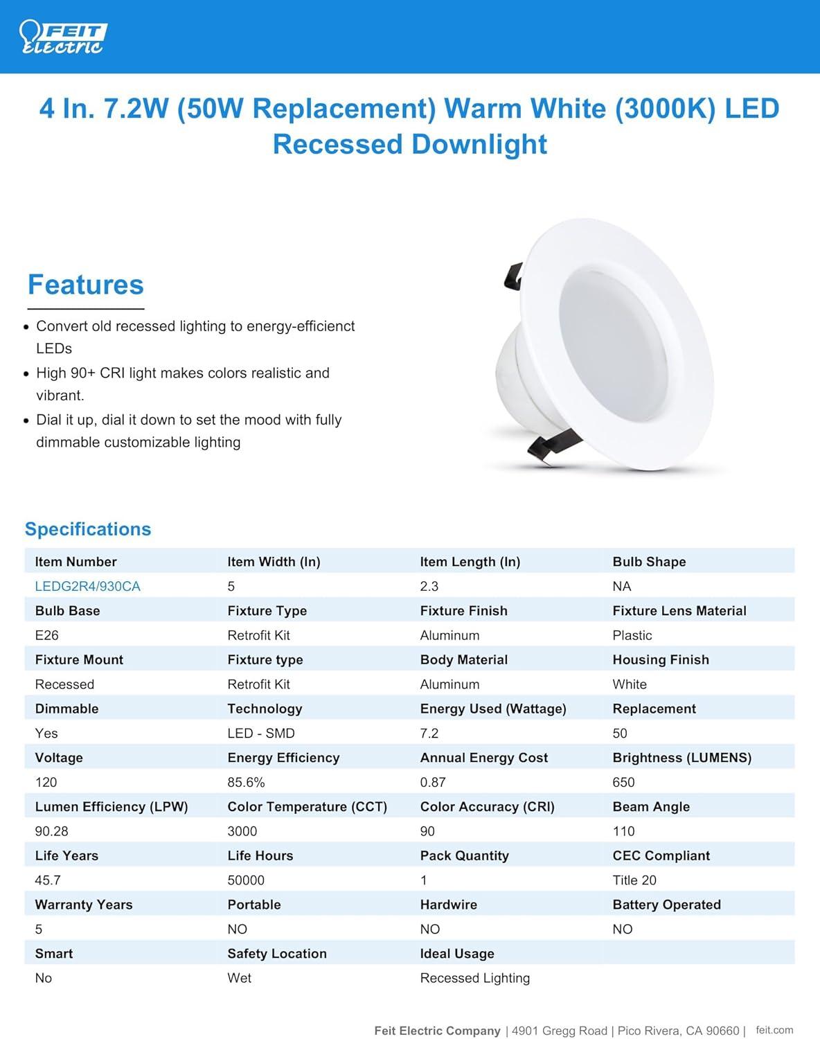 Feit Electric Enhance Bright White 4 in. W LED Dimmable Recessed Downlight 7.2 W