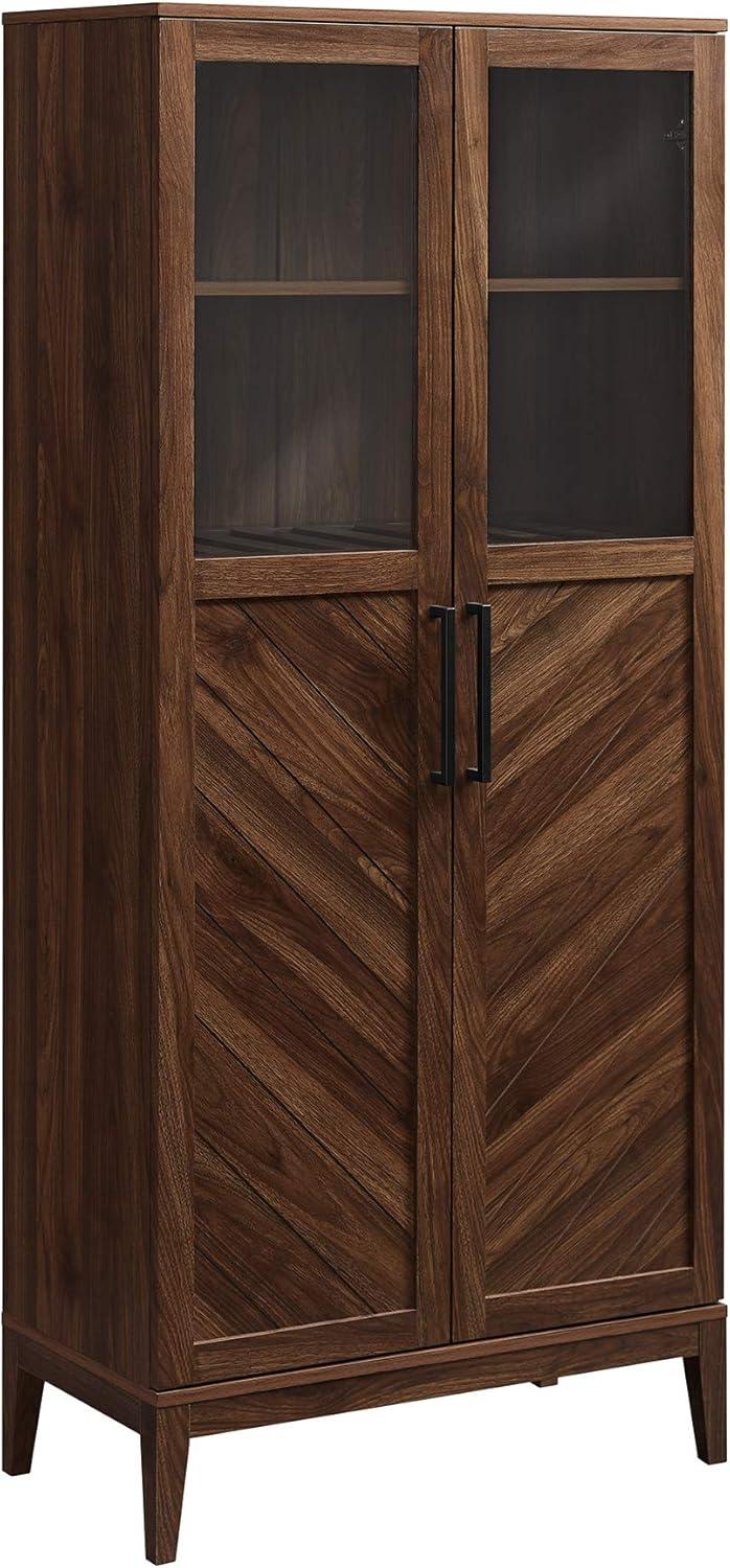 Dark Walnut Chevron Glass Door Storage Cabinet with Adjustable Shelves