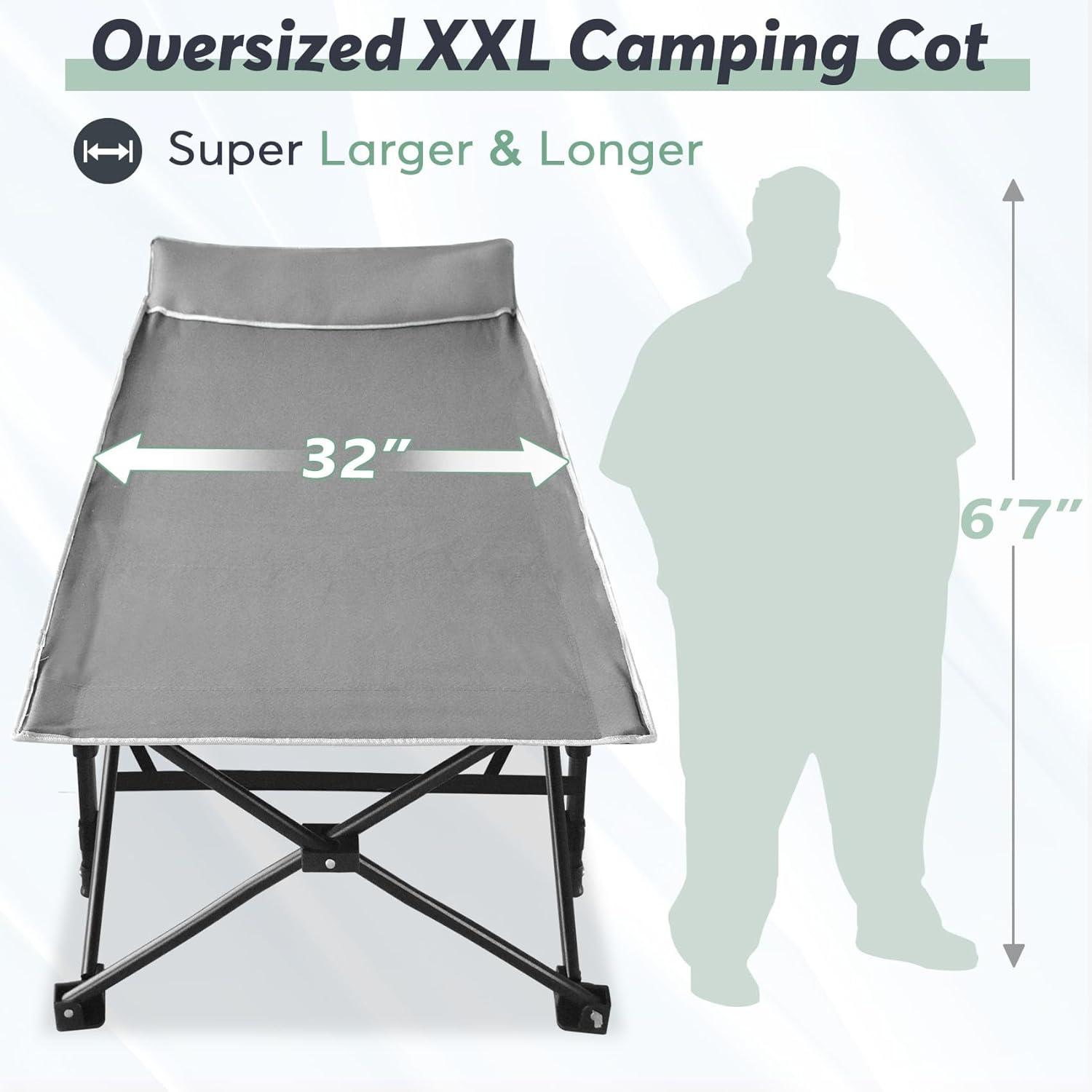 XXL Gray Folding Camping Cot with Black Mattress