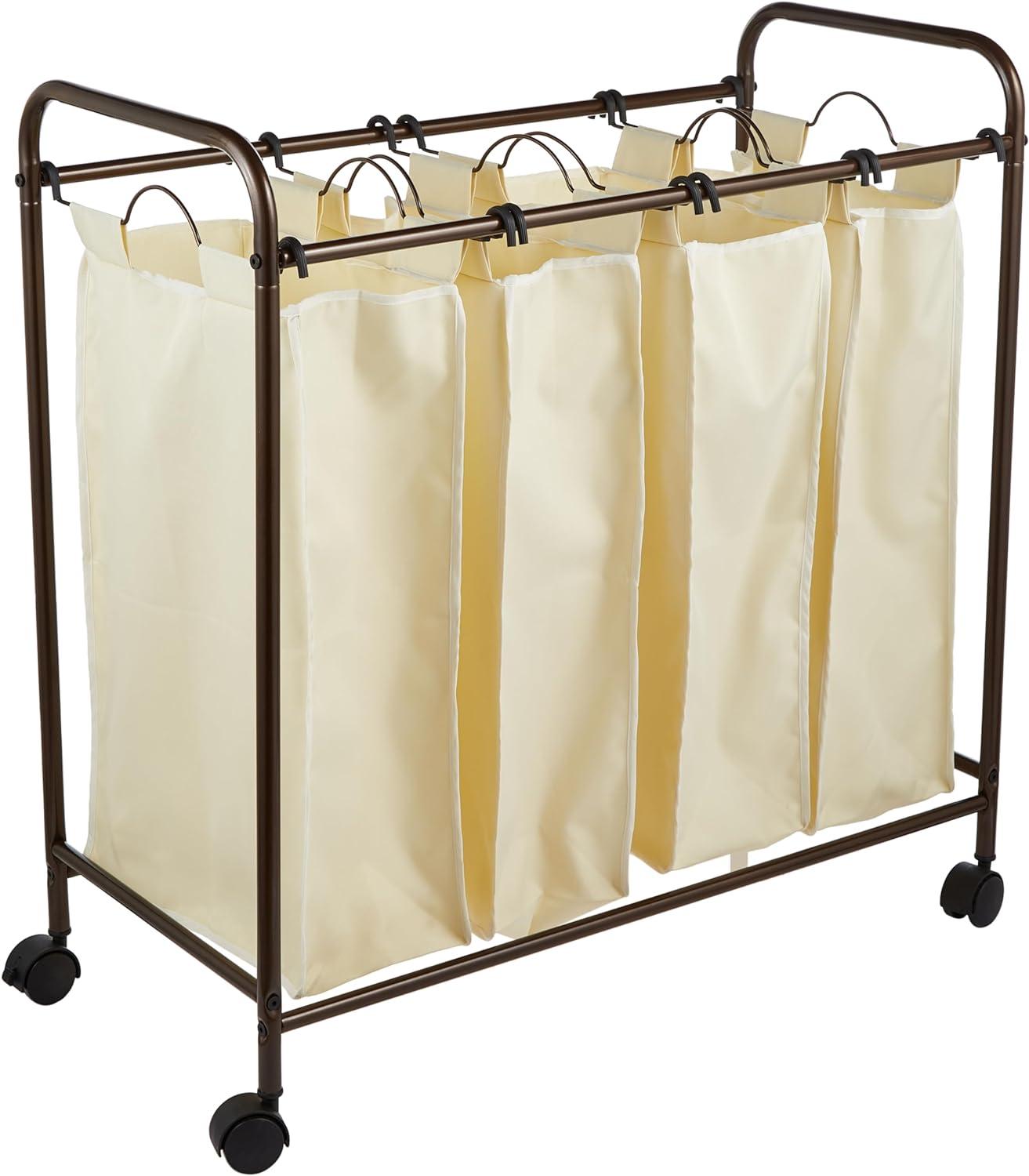 Household Essentials Rolling Quad Sorter Laundry Hamper with Natural Polyester Bags, Antique Bronze