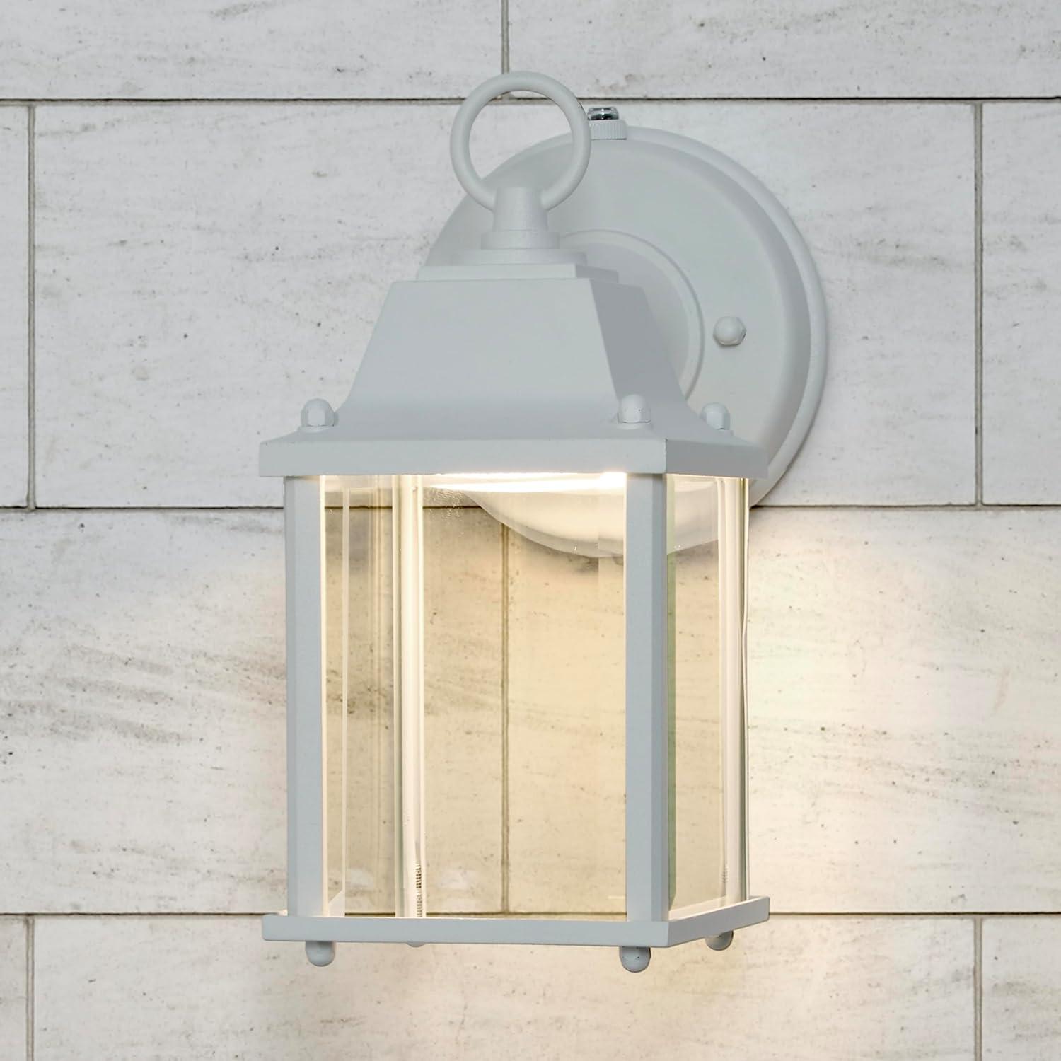 Maxxima LED Porch Lantern Outdoor Wall Light, White w/ Clear Glass, Dusk to Dawn Sensor, 650 Lumens, 3000K Warm White