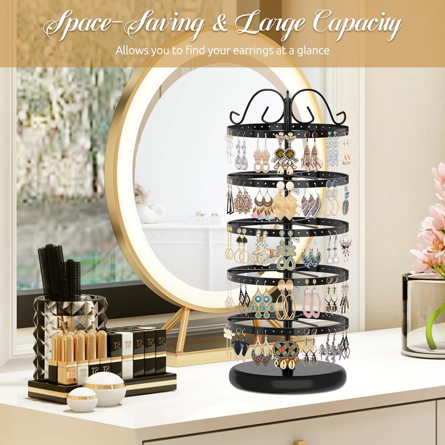 5-Layer Rotating Jewelry Organizer Stand - Effortless Storage & Display for Earrings  Studs & Pendants - Secure  Space-Saving Design in Chic Black/White