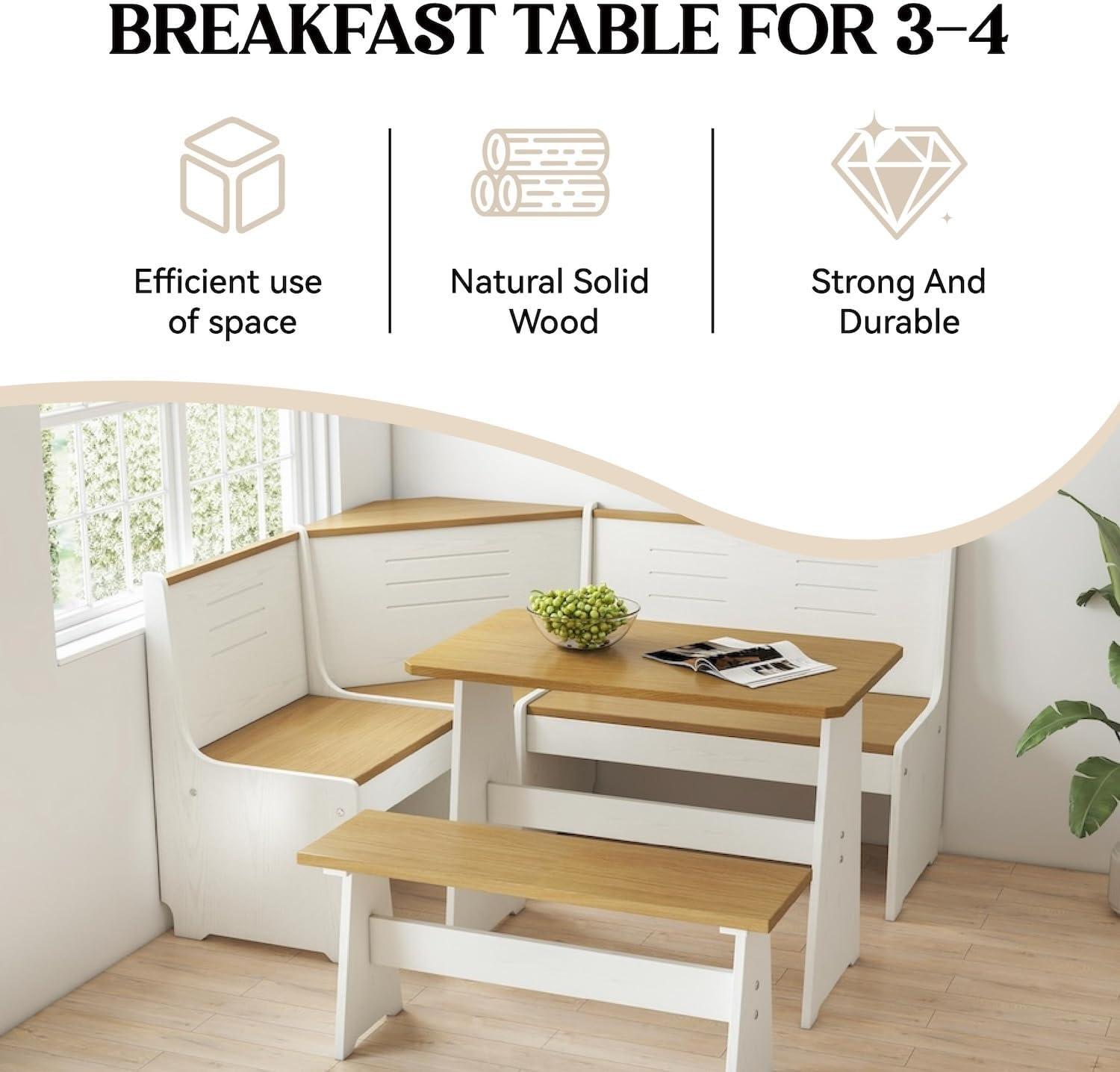 Breakfast Nook Corner Dining Table Kitchen Bench Chair Set, Space-Saving 3-5 People Seat Reversible L-Shape for Family Home White Wood