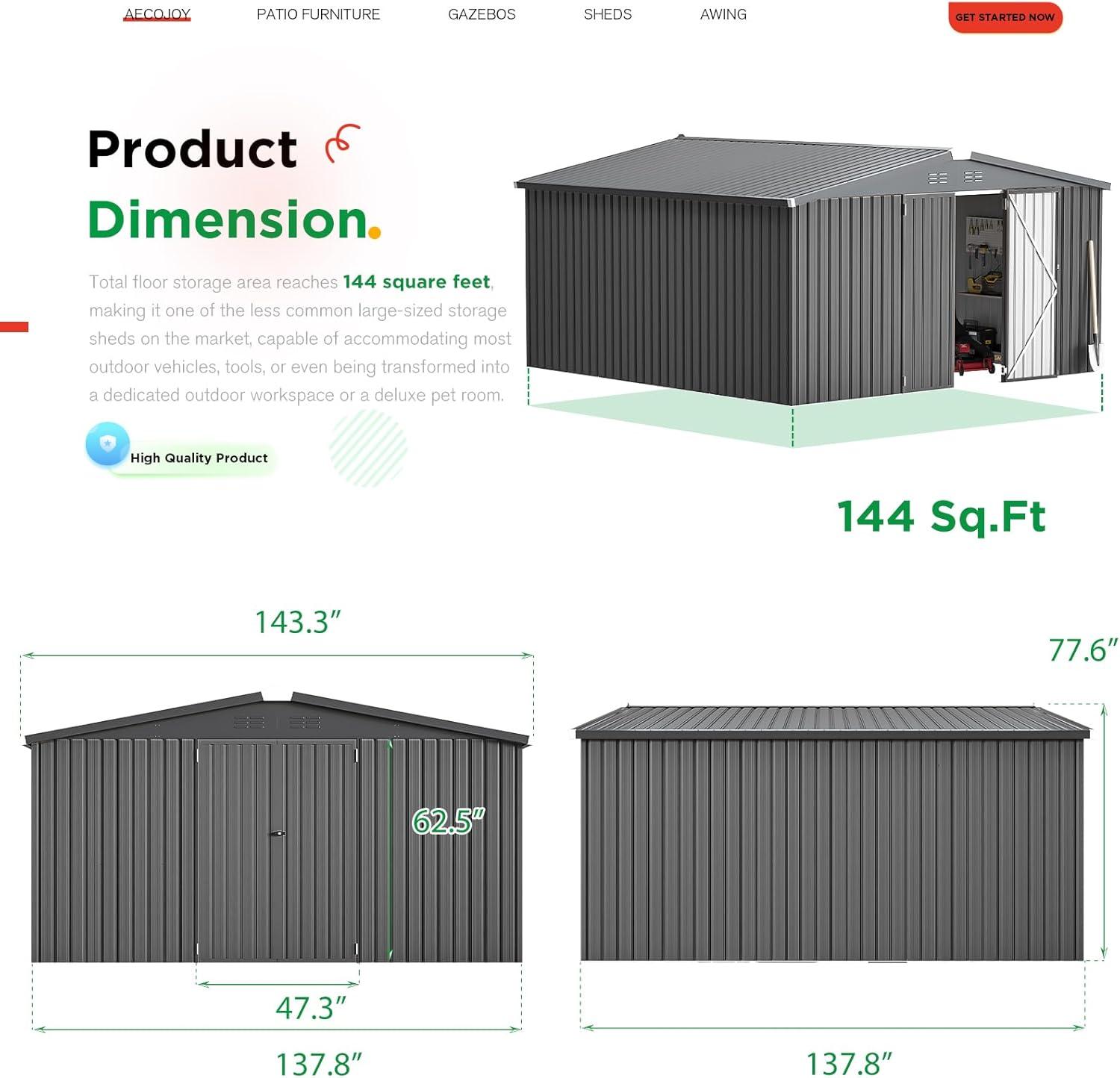 AECOJOY 12' x 12' Outdoor Storage Shed with Lockable Door Patio Metal Garden Storage Building in Dark Gray for Outside