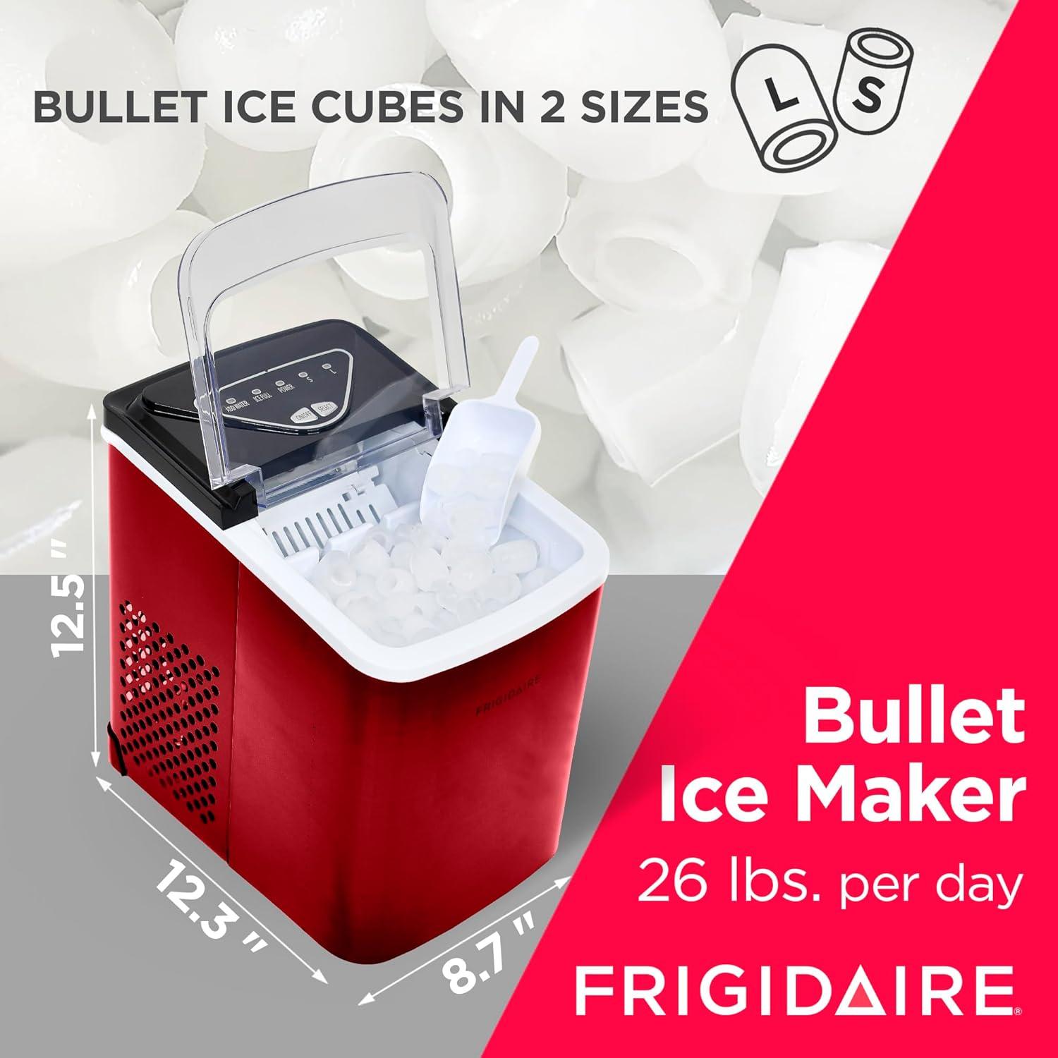 Frigidaire, 26 Lbs. Countertop Ice Maker, Bullet Shaped Ice, Red Stainless Steel