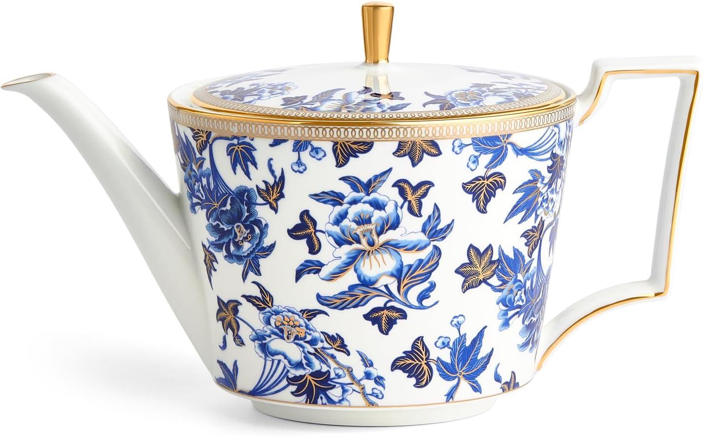 Blue and Gold Floral Bone China Teapot with 22-Carat Gold