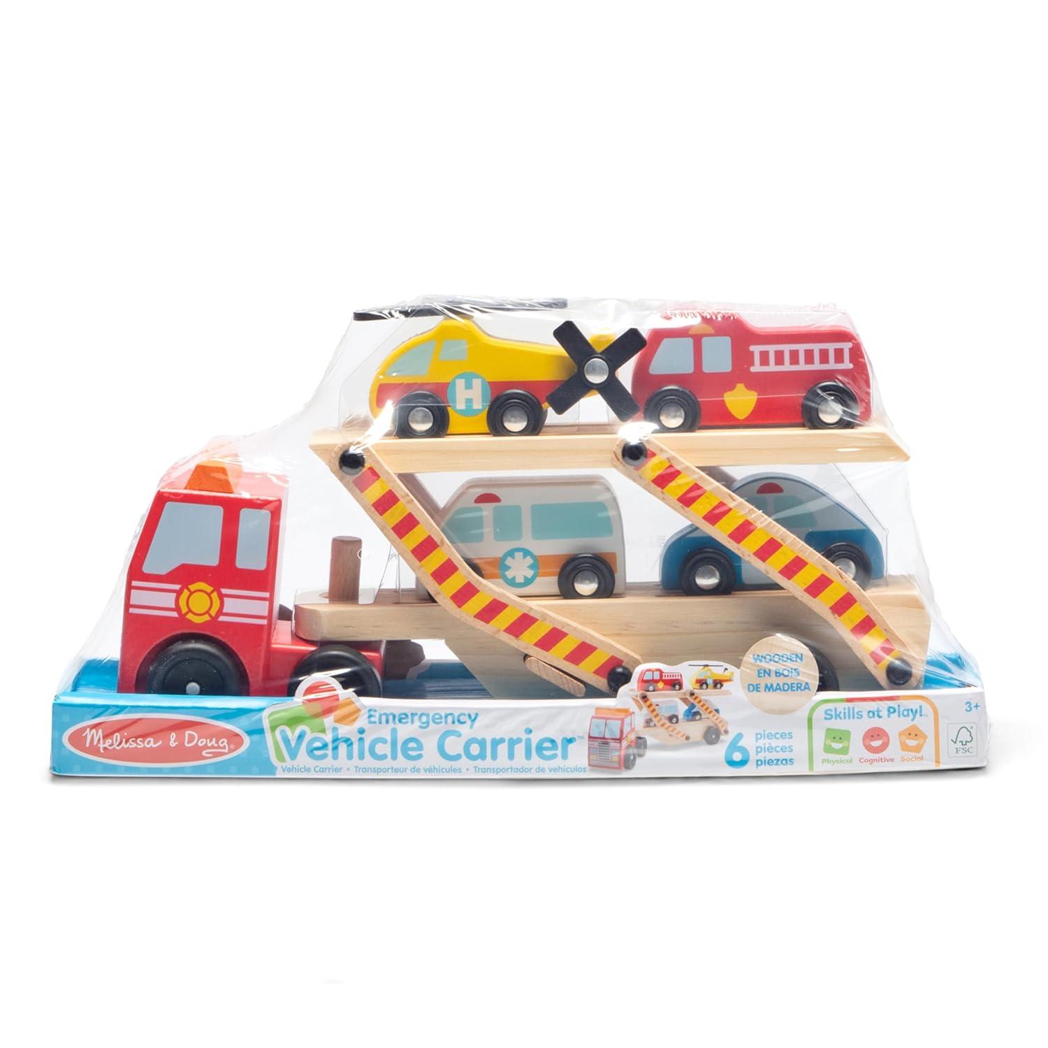 Melissa & Doug Emergency Vehicle Carrier Wooden Truck With 4 Rescue Vehicles