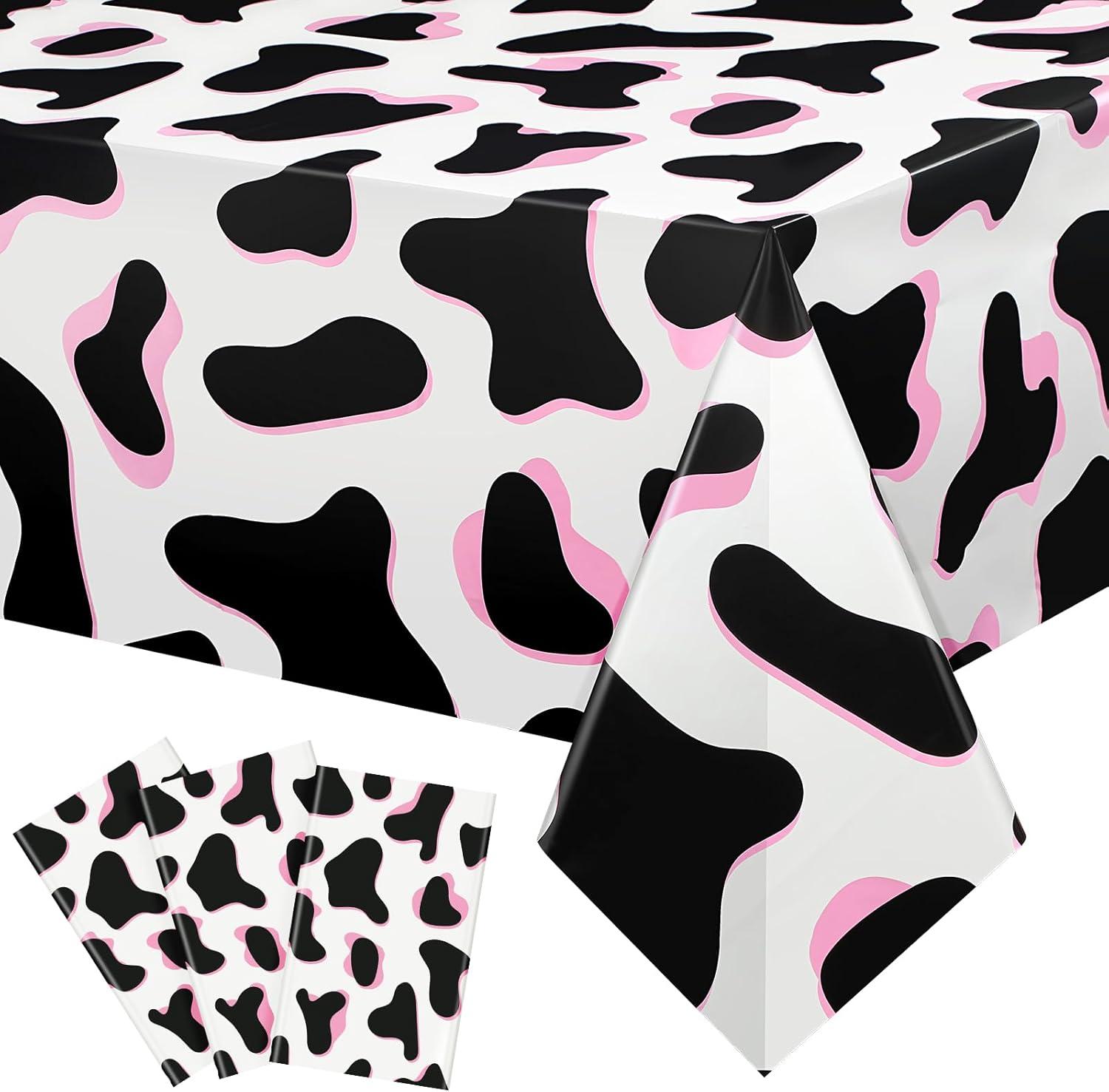Tiamon 3 Pcs Pink Cow Print Tablecloth 108 x 54 Inch Birthday Party Table Cloth Disposable Plastic Cover for Disco Pink Cowgirl Decorations Supplies