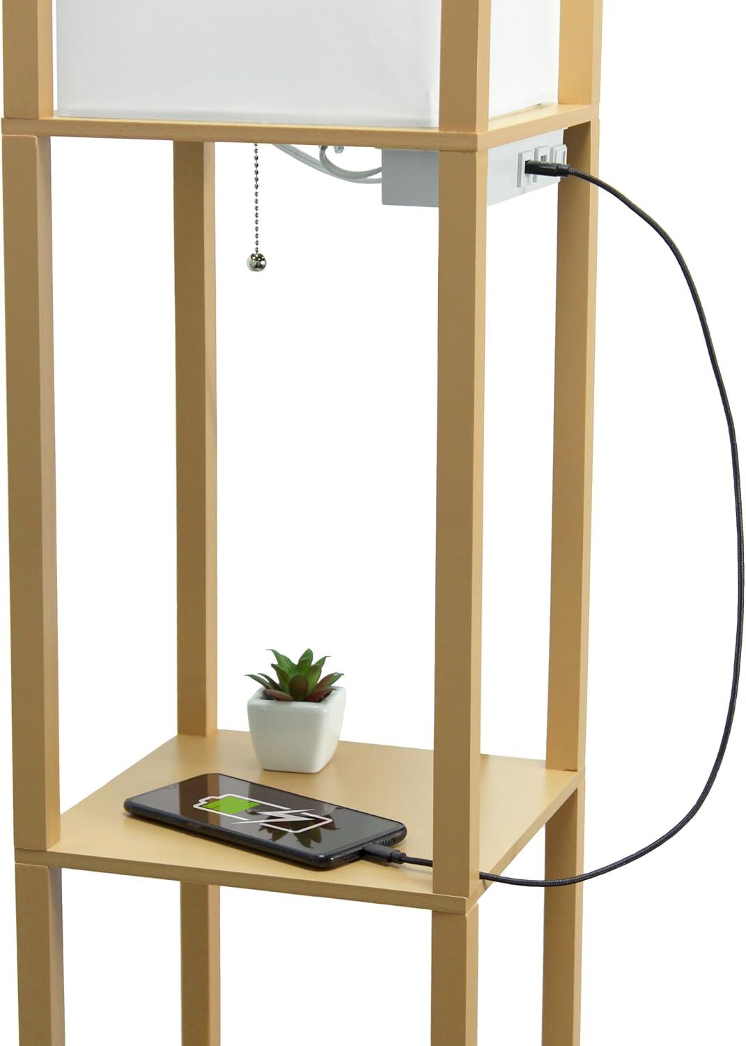 Floor Lamp Etagere Organizer Storage Shelf with 2 USB Charging Ports and Linen Shade - Simple Designs