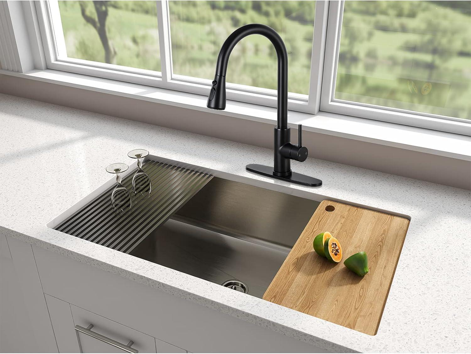 Zovajonia Matte Black Kitchen Sink Faucet Pull Down Single Handle Swivel Sprayer Mixer Tap