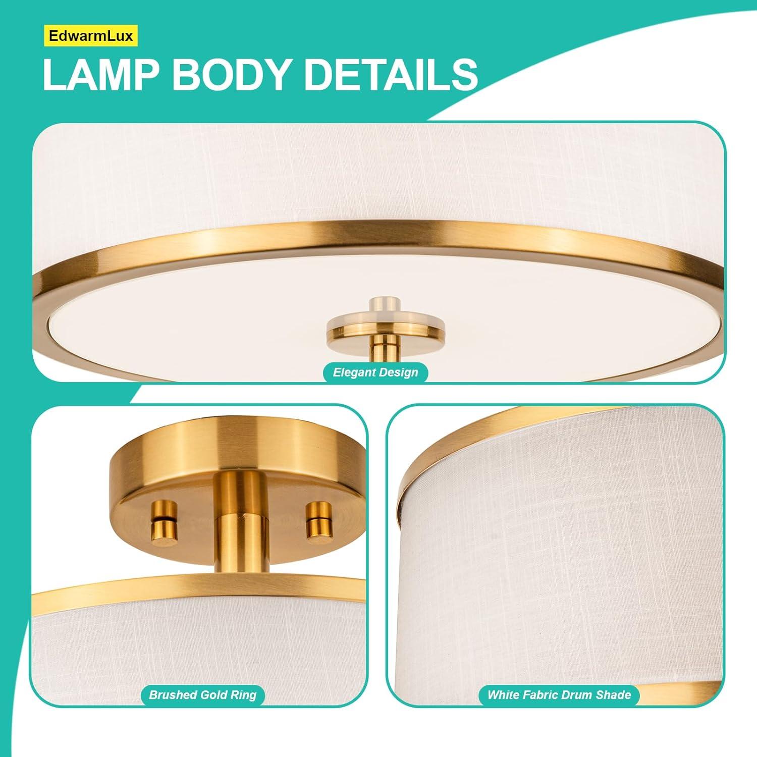 3-Light Semi Flush Mount Ceiling Light Fixture, 12.6" Gold Drum Light with White Fabric Shade, Modern Close to Ceiling Light for Living Room Bedroom Dining Room Kitchen Hallway Entry Foyer