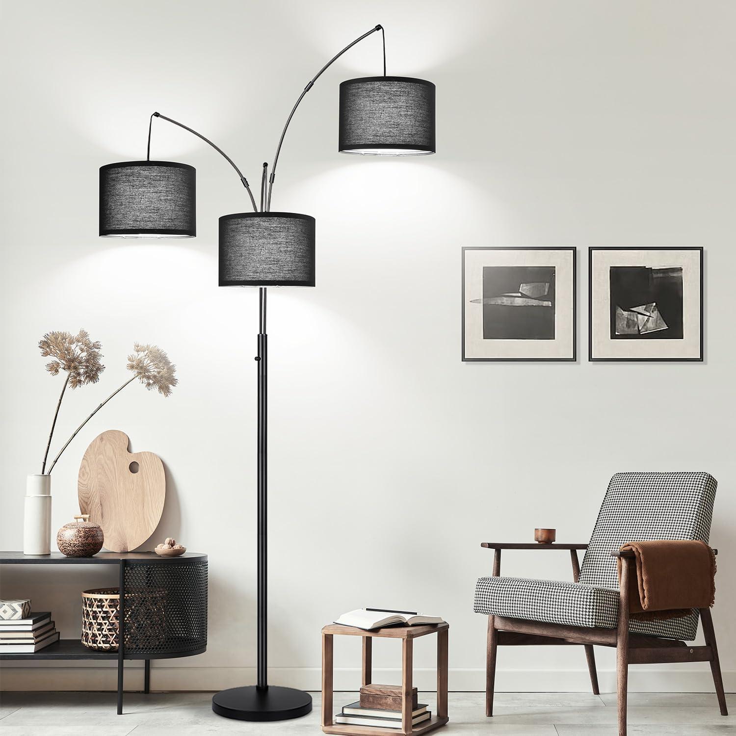 Matte Black Multi-Head Arc Floor Lamp with Linen Shades