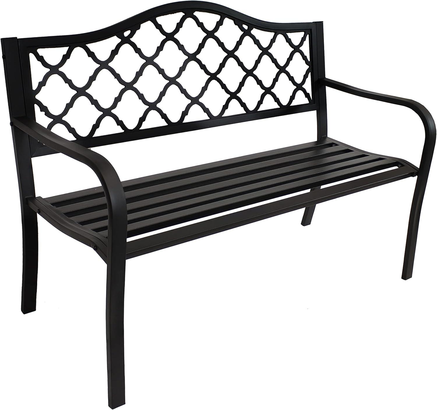 Sunnydaze 2-Person Lattice Design Black Cast Iron Outdoor Garden Bench