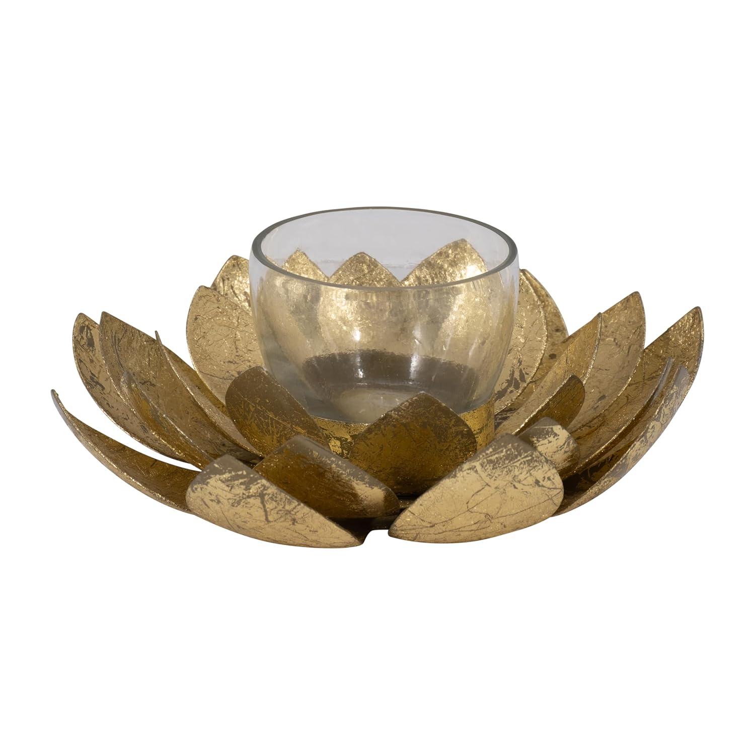 Sagebrook Home 8" Lotus Candle Holder - Contemporary Gold Metal Decorative Votive Candle Holder for Home or Event Decor - Decorative Lotus Candle