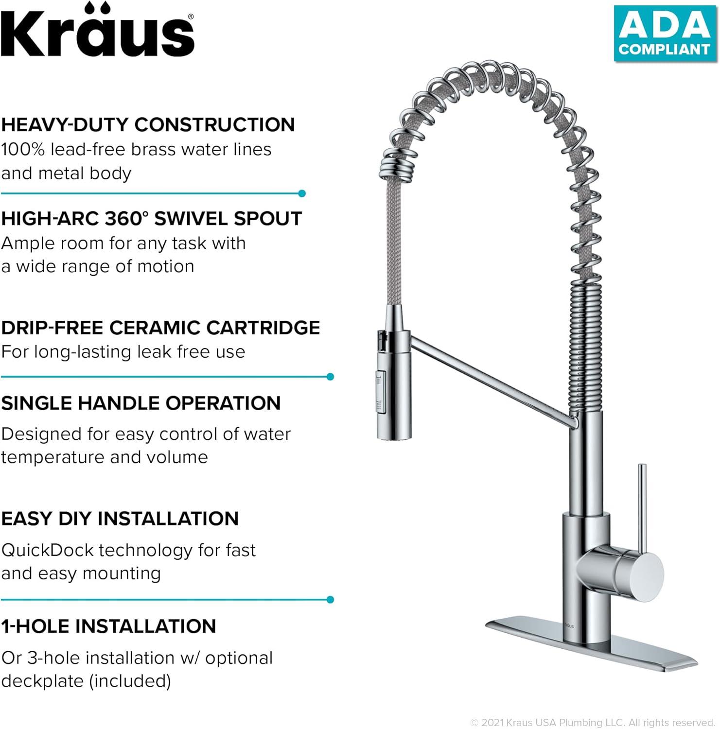 KRAUS Oletto Commercial Style Single Handle Pull Down Kitchen Faucet with QuickDock Top Mount Installation Assembly