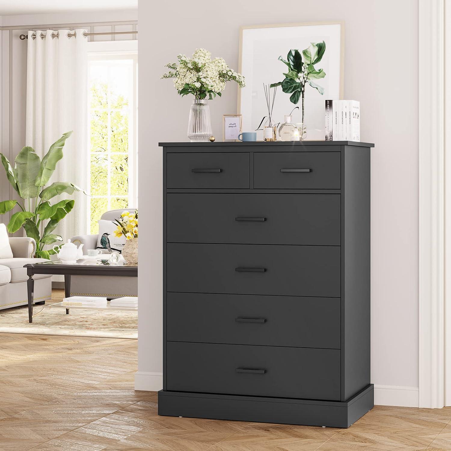 Black Dresser for Bedroom, 6 Drawers Dresser Wood Storage Tower Clothes Organizer, Chest of 6 Drawers, Large Capacity Storage Cabinet, Tall Dresser for Bedroom, Hallway, Entryway