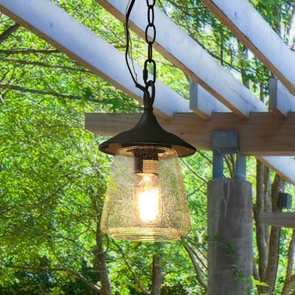 Rustic Matte Black Outdoor Pendant Light with Seeded Glass Shade