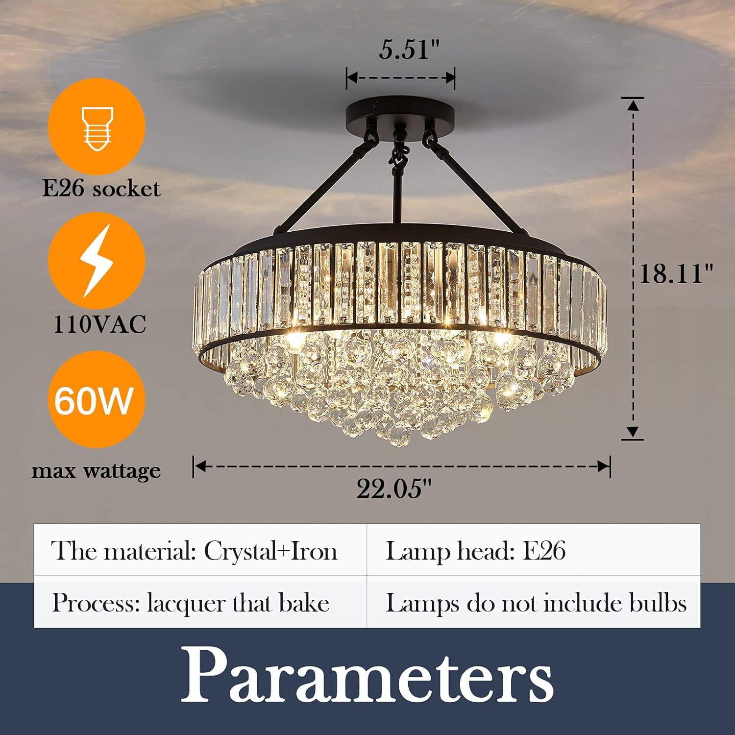 YYJLX 6-Light Modern Large Crystal Chandelier Black Metal E26 Semi Flush Mount Round Light Fixture Ceiling Lamp Farmhouse for Dining Living Room Laundry Foyer Kitchen Balcony Bedroom
