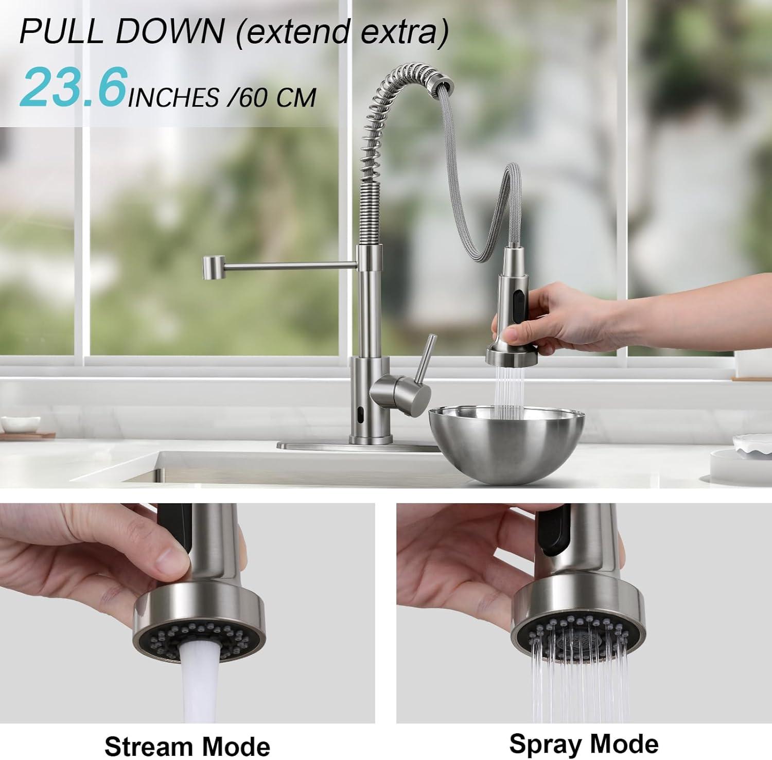 Coliware Kitchen Sink Faucet Brushed Nickel with Pull Down Sprayer, Stainless Steel Spring Kitchen High Arc Commercial Faucets with Deck Plate 1 or 3 Hole