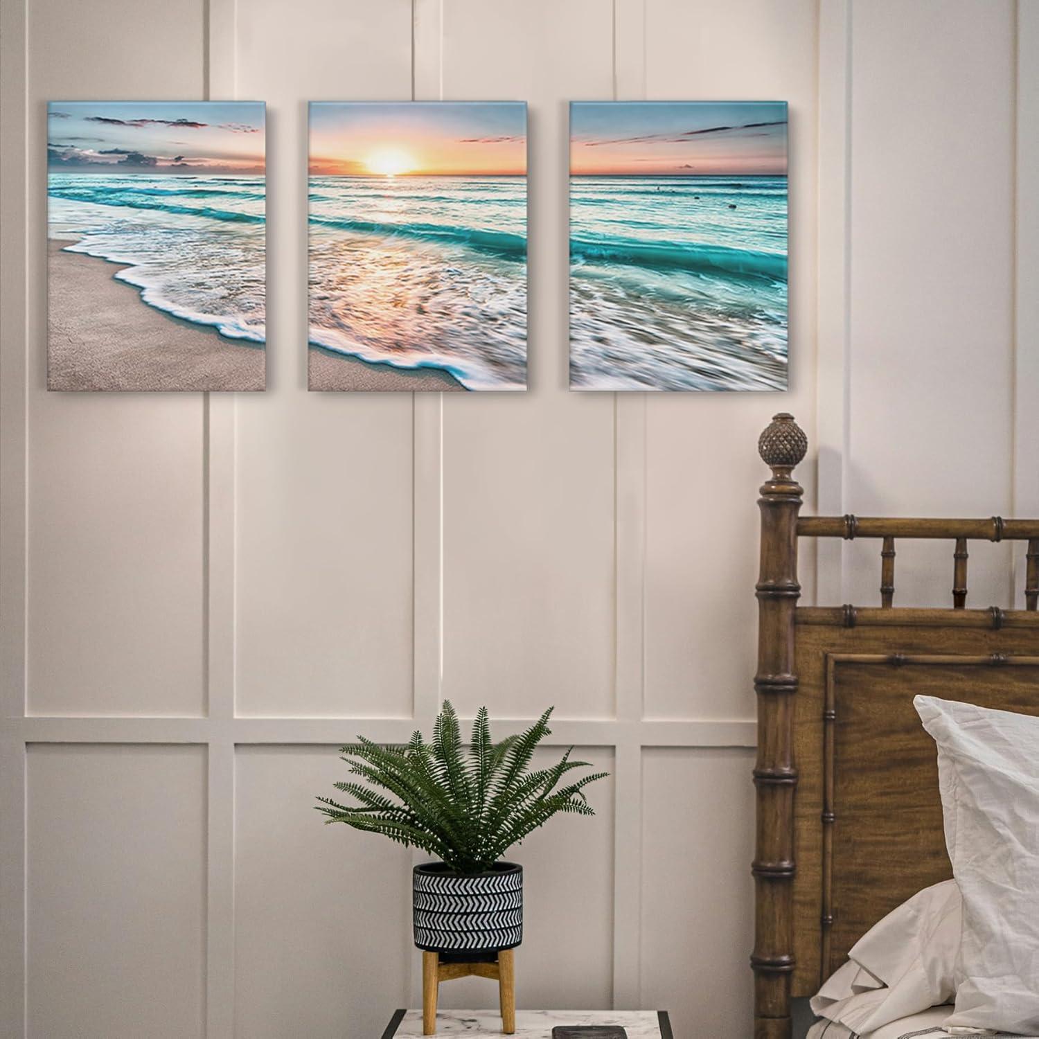 Asdg12s-3 Panel Wall Art Blue Sea Sunset White Beach Painting The Picture Print On Canvas Seascape The Pictures for Home Decor Decoration,Ready to Hang