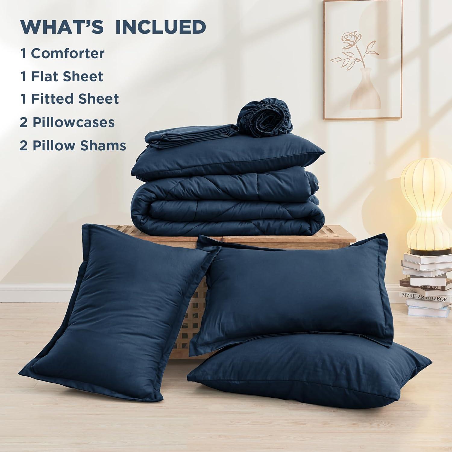 Virtu Queen Comforter Set, 7pc Bed in a Bag, Pleated Bedding Comforter Sets with Sheets, Navy