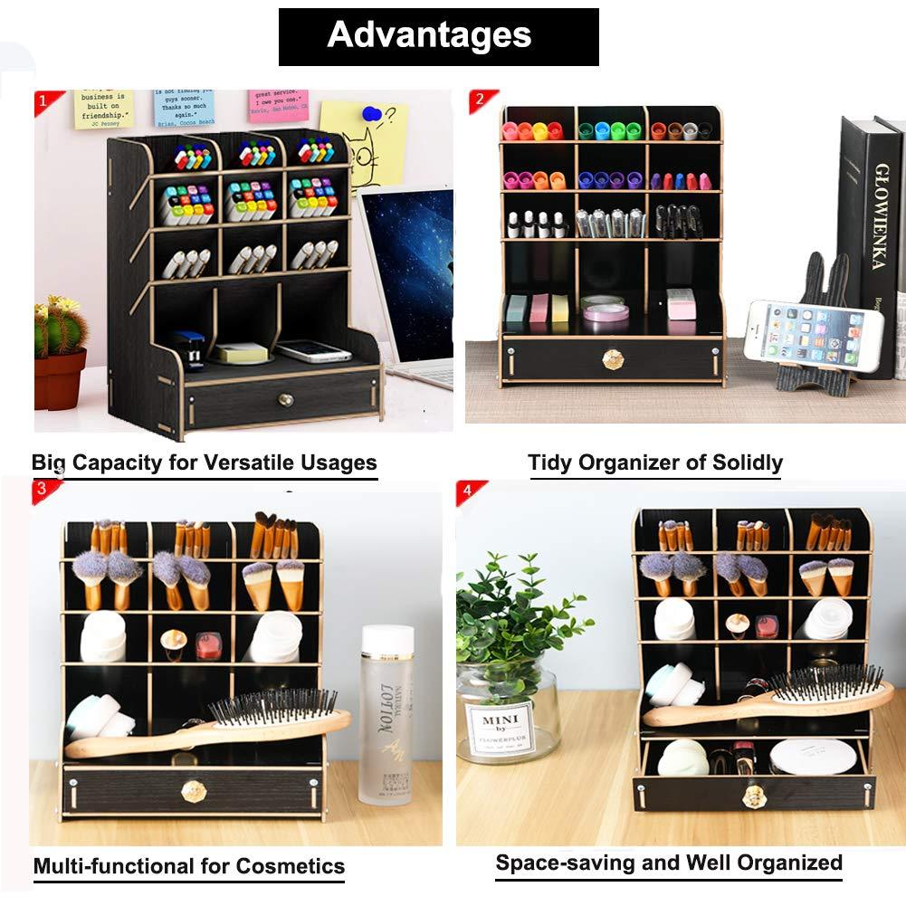 Marbrasse Wooden Desk Organizer, Multi-Functional DIY Pen Holder Box, Desktop Stationary, Home Office Supply Storage Rack with Drawer (B11-Black)