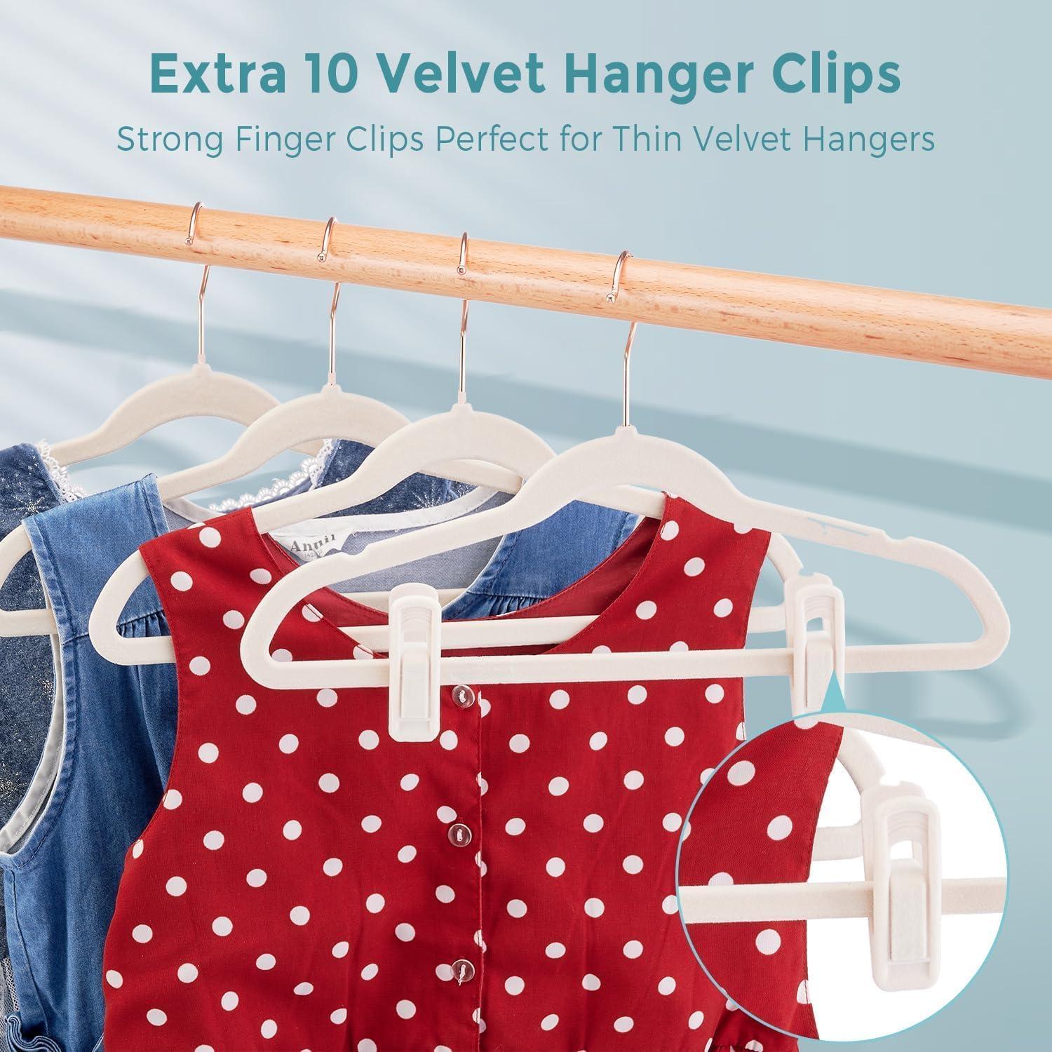 Beige Velvet Non-Slip Kids Hangers with Clips, 30-Pack