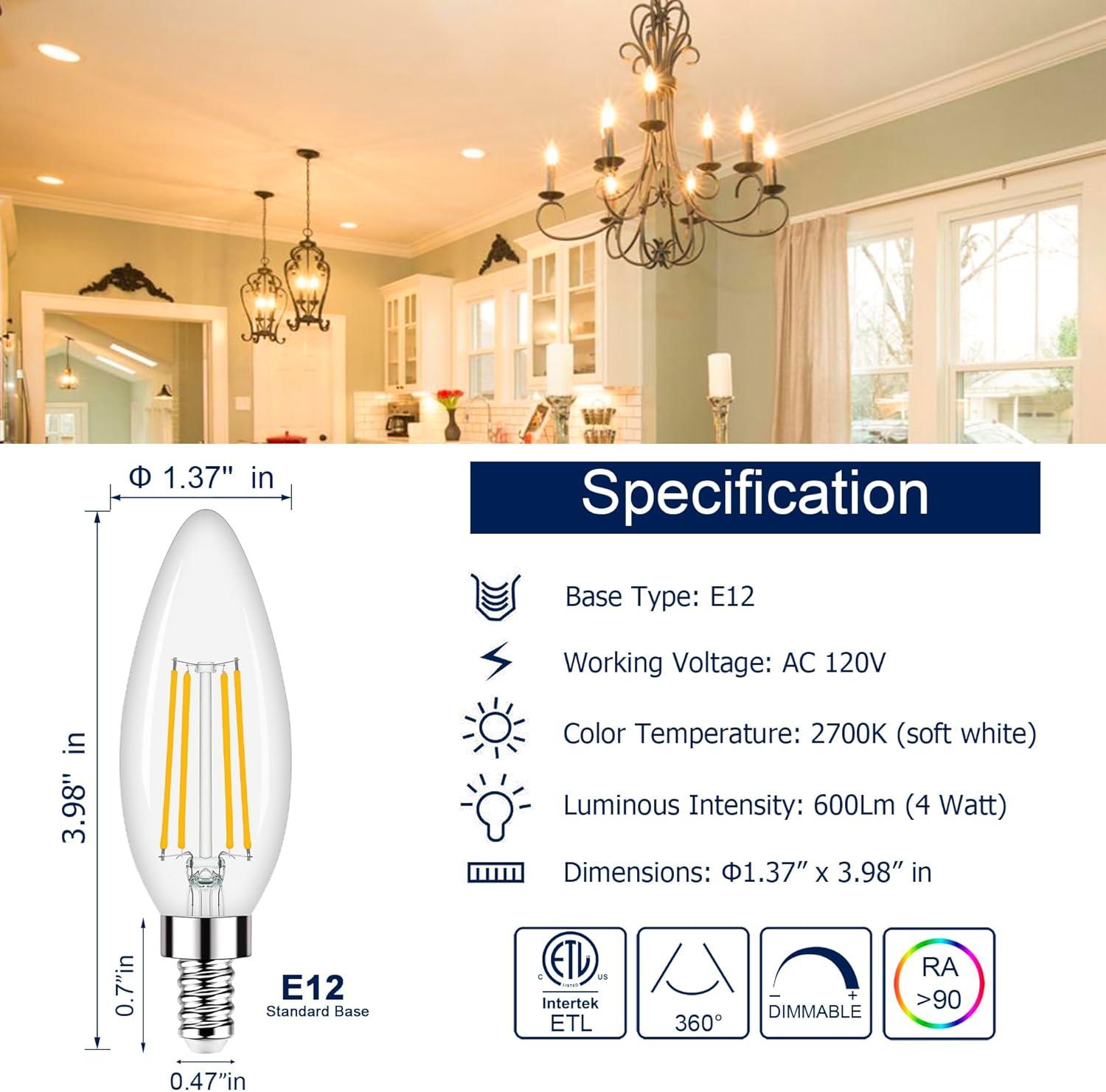 White Dimmable LED Candelabra Light Bulbs, 6-Pack