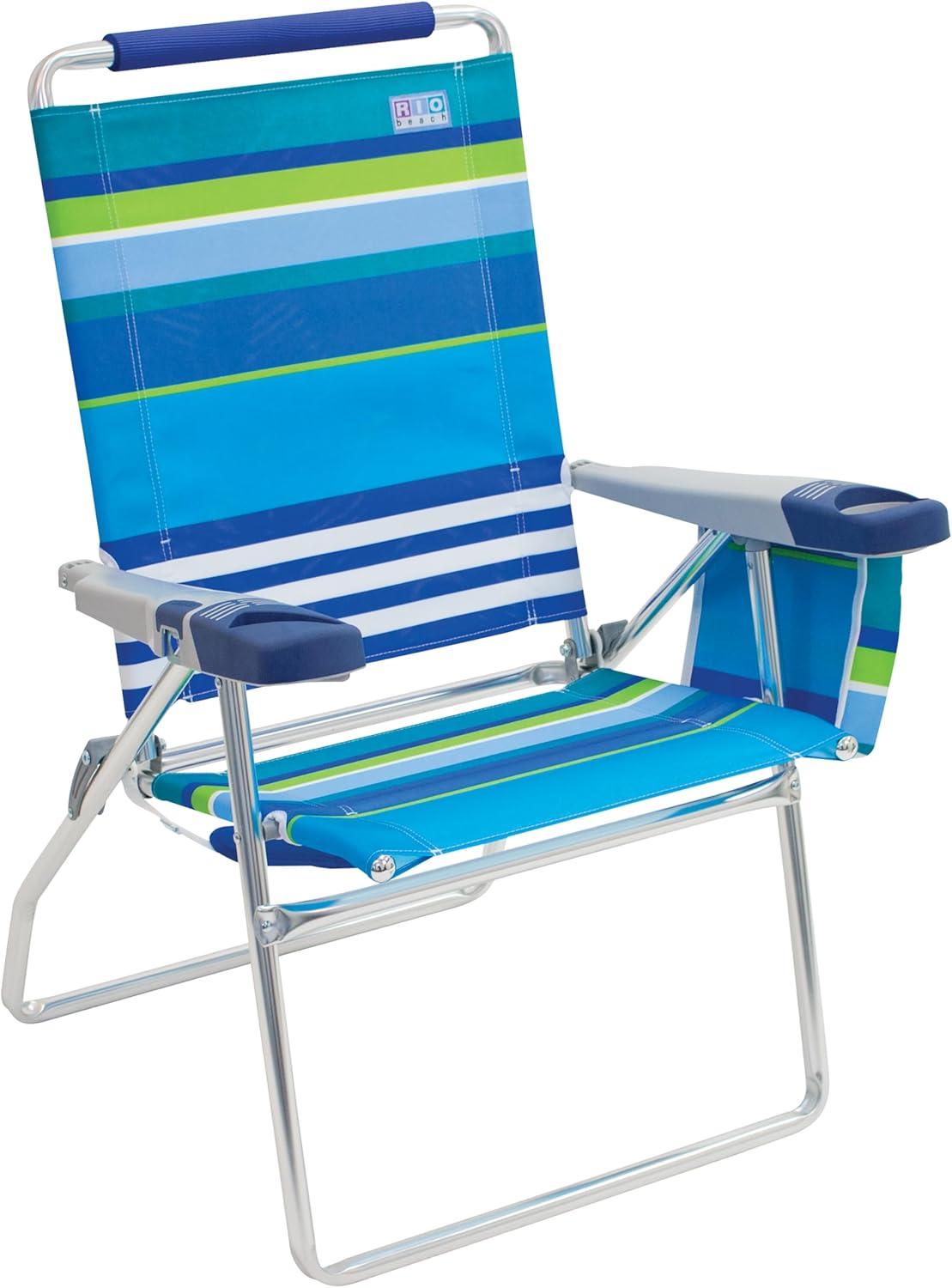 17" High Blue and Green Striped Foldable Beach Chair with Armrests