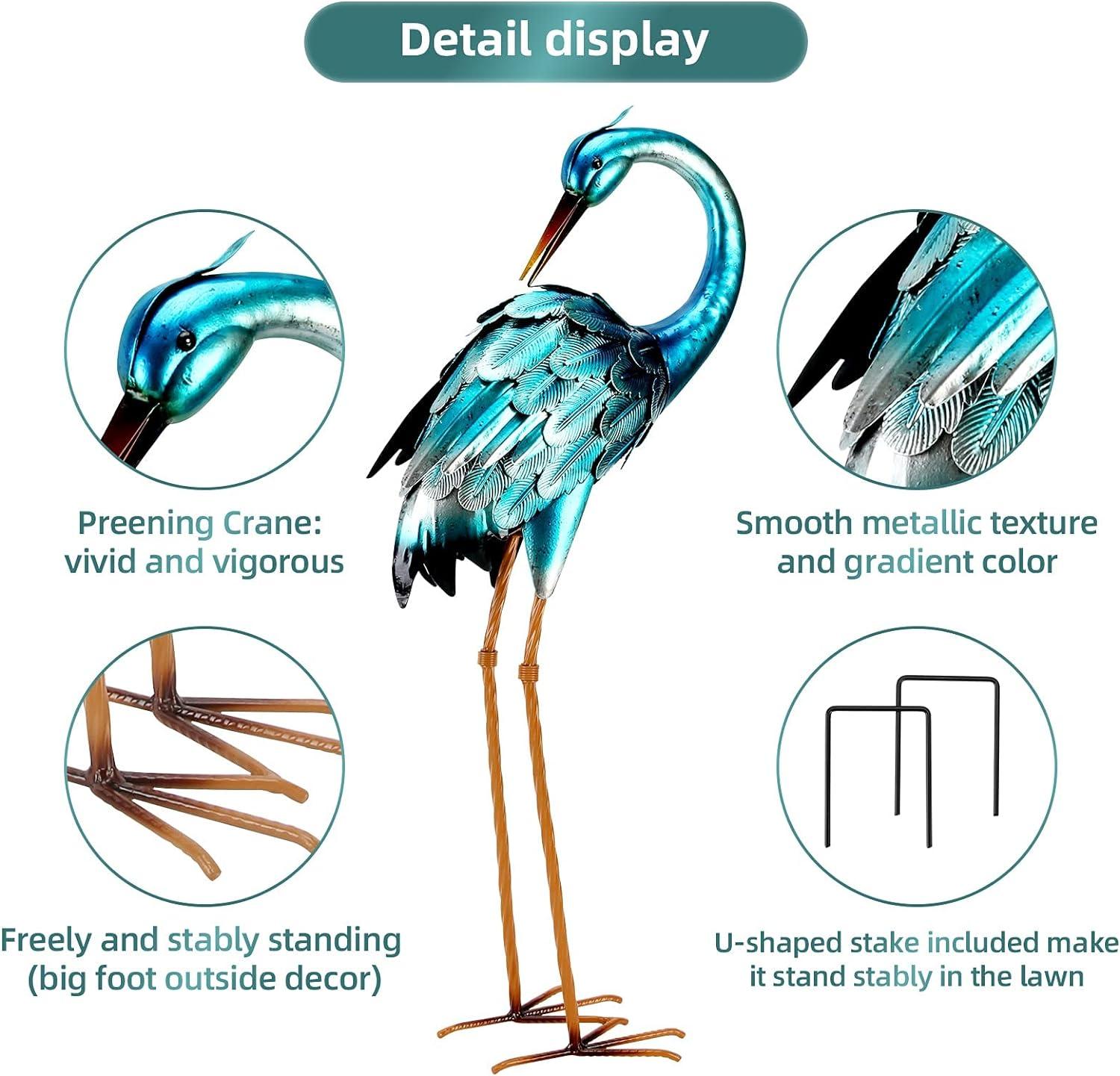 Chisheen Crane Garden Statues, Metal Garden Crane Outdoor, Blue Heron Sculpture Metal Yard Art, Large Garden Heron Decoy, Bird Statues, Lawn Ornaments for Backyard Pond Patio Porch Outside