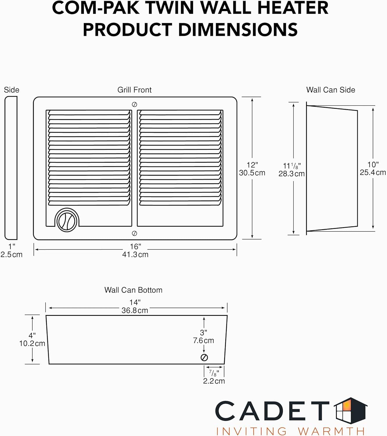 Cadet Com-Pak Plus Twin Series Electric Wall Mounted Space Heater with Adjustable Thermostat