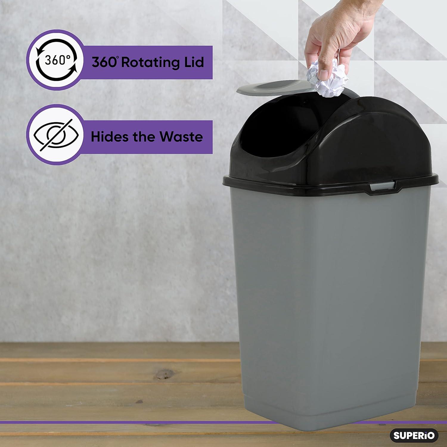Gray and Black Plastic Swing-Top Trash Can, 23" Tall