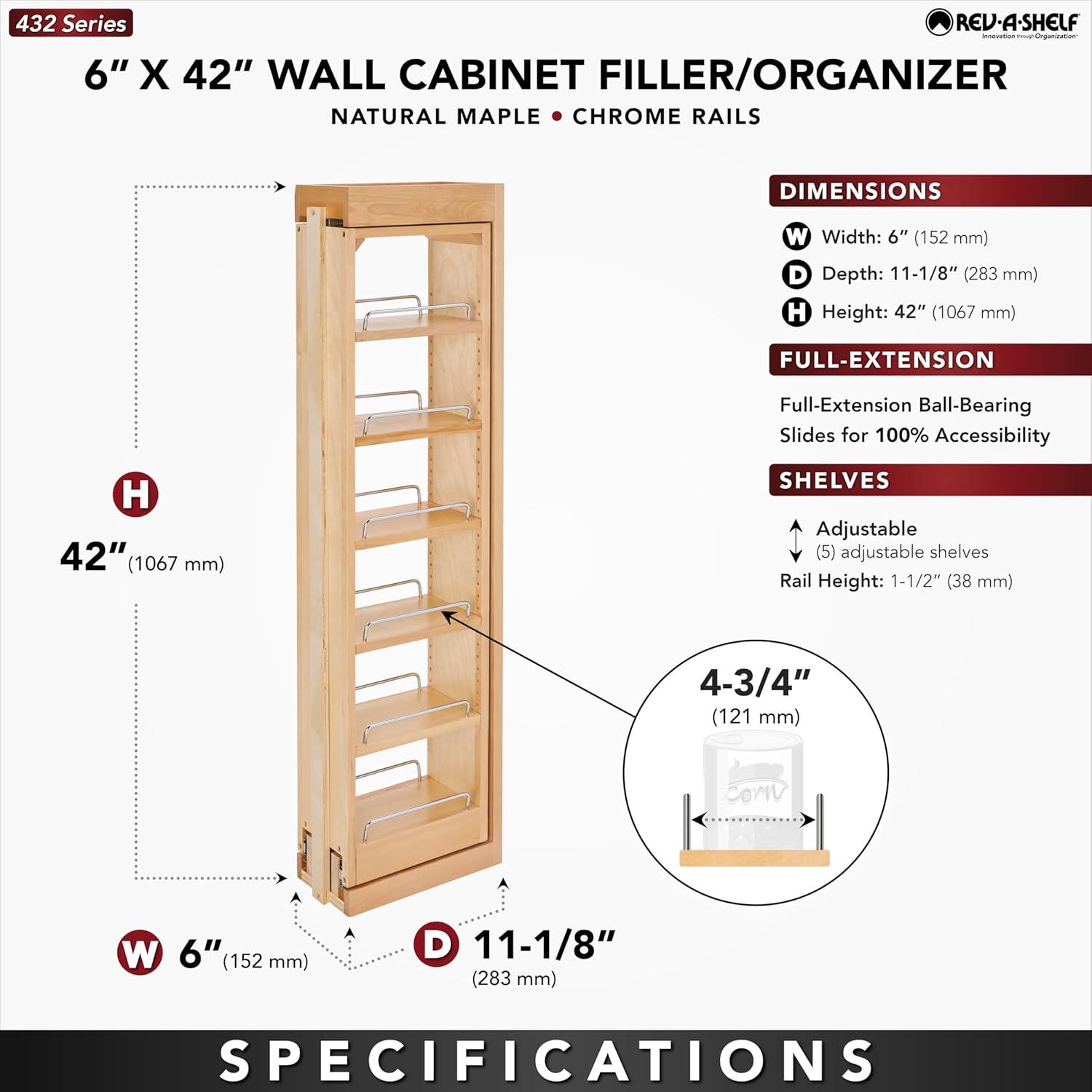 Rev-A-Shelf Pull Out Quad Shelf Organizer for Wall & Base Kitchen Cabinets, Full Extension Filler Spice Rack, Adjustable, Wood