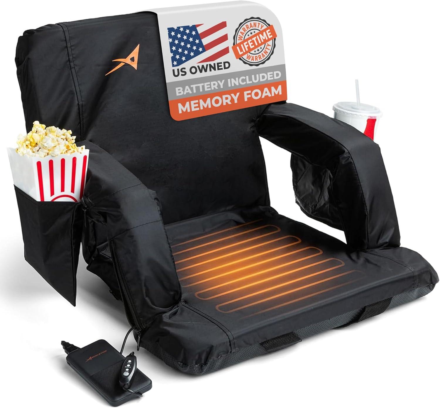 Black Heated Foldable Stadium Seat with Memory Foam and USB Battery