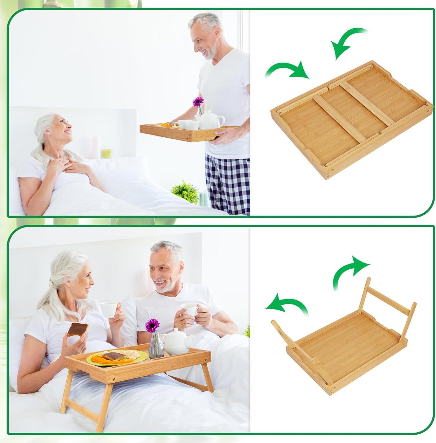 Artmeer Bed Tray Table with Folding Legs, Bamboo Breakfast Food Tray with Media Slot, Use As Platter, Laptop Desk, Snack, TV Tray Kitchen Serving Tray (Bamboo Large)