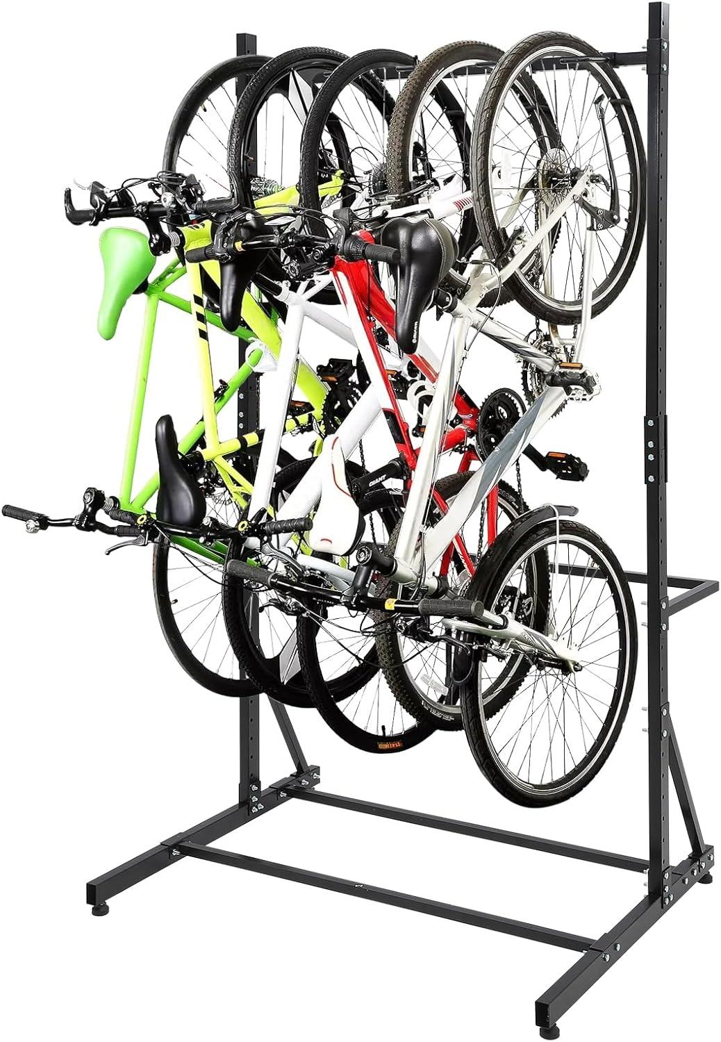 Danrelax Freestanding Bike Storage Rack, 300 lbs 5 Bikes Capacity, Vertical Bike Rack for Garage, Adjustable Hooks, Indoor Bicycle Storage Stand for Home, Black