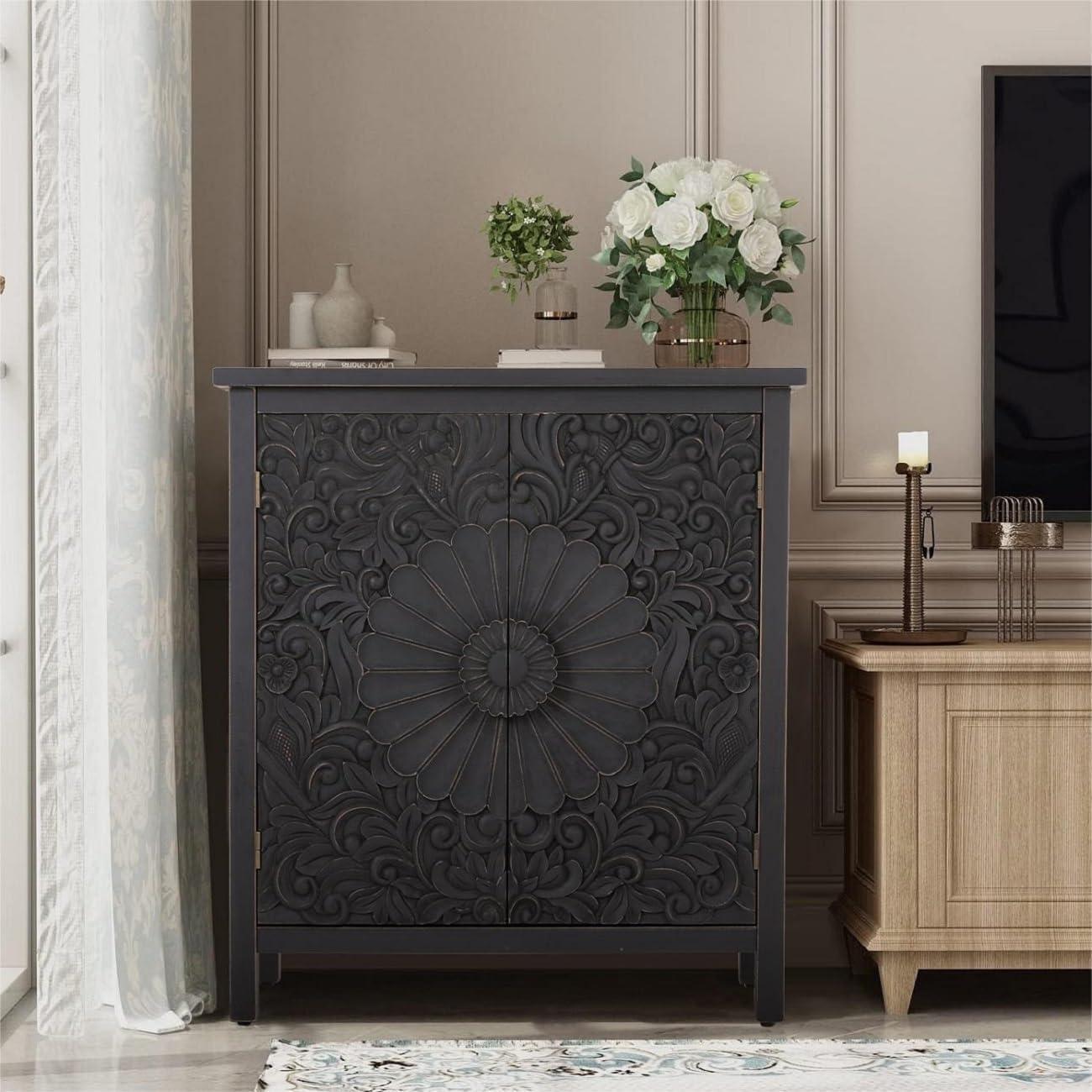 Black Carved Floral Pattern 2-Door Accent Cabinet