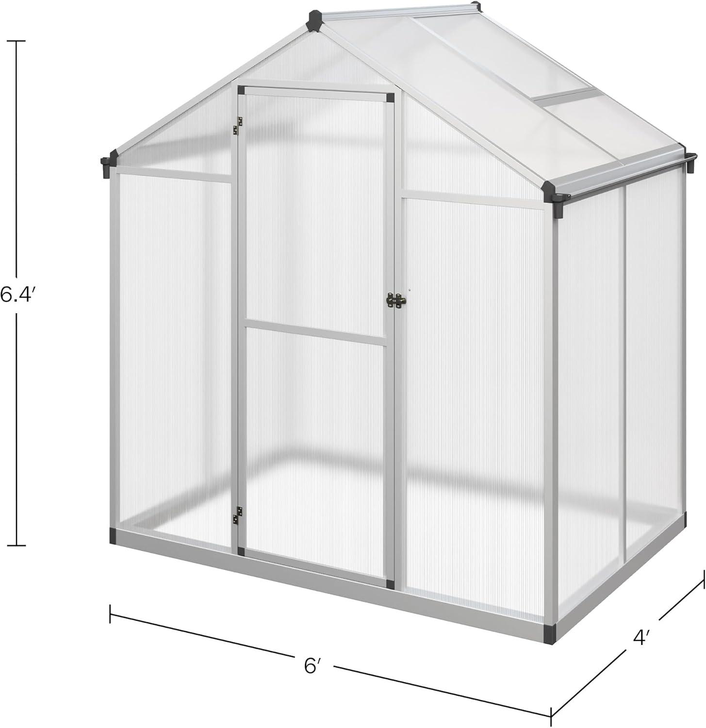 Walk In Greenhouse - 4ft x 6ft Outdoor Green House with Roof Vent and Rain Gutter - Sturdy Polycarbonate Panels with Aluminum Frame