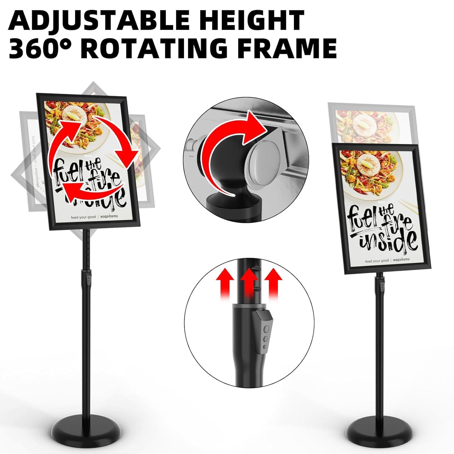 Adjustable Sign Holder Stand 8.5x11 inch,Pedestal Floor Signage Standing Holder with Heavy Duty Base, Aluminum Snap Open Frame Display for Business Restaurant, Mall,Schools-1 Pack