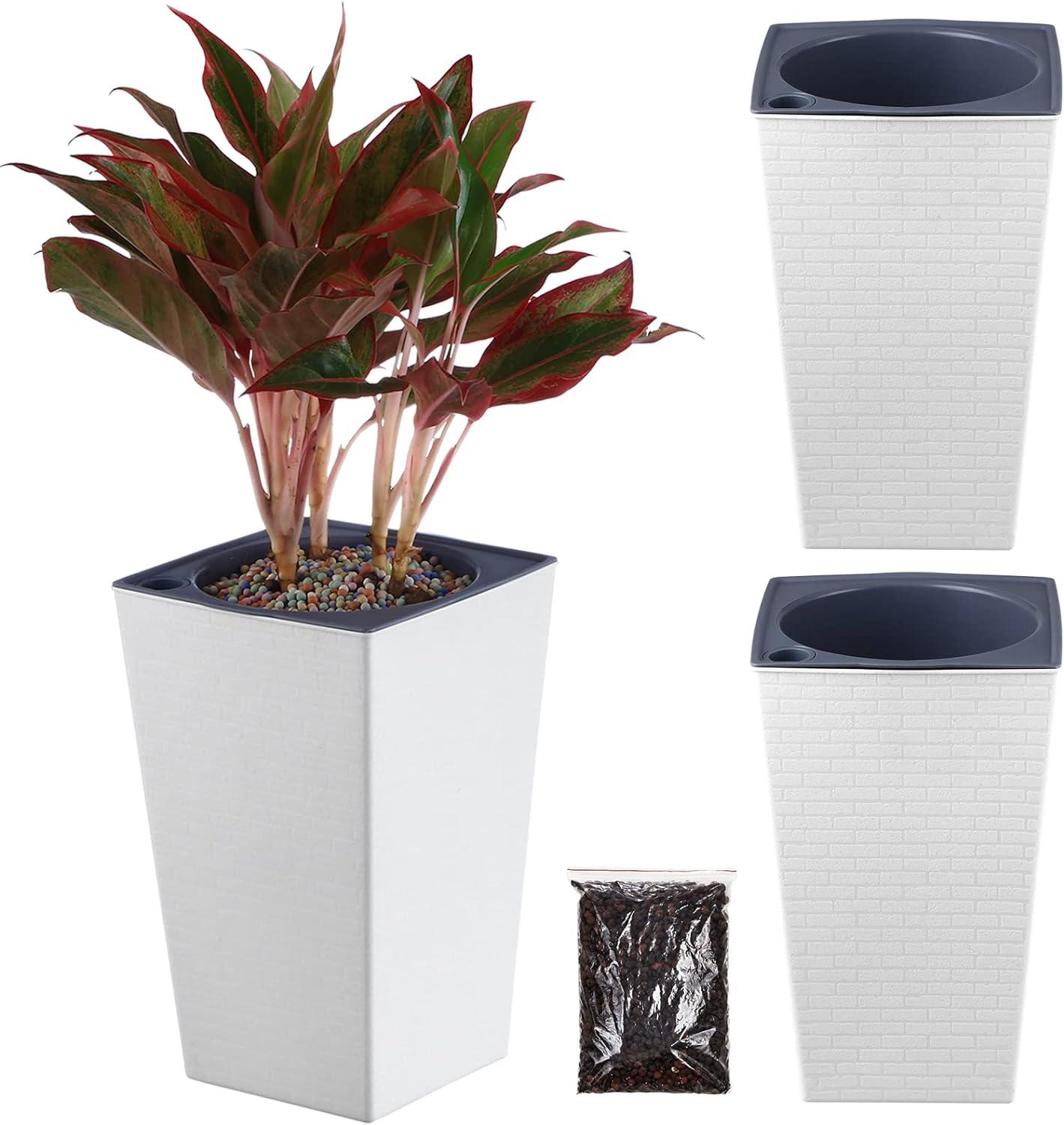 White Plastic Self-Watering Indoor Planters with 3D Pattern, 10.7" x 6.9", Set of 2