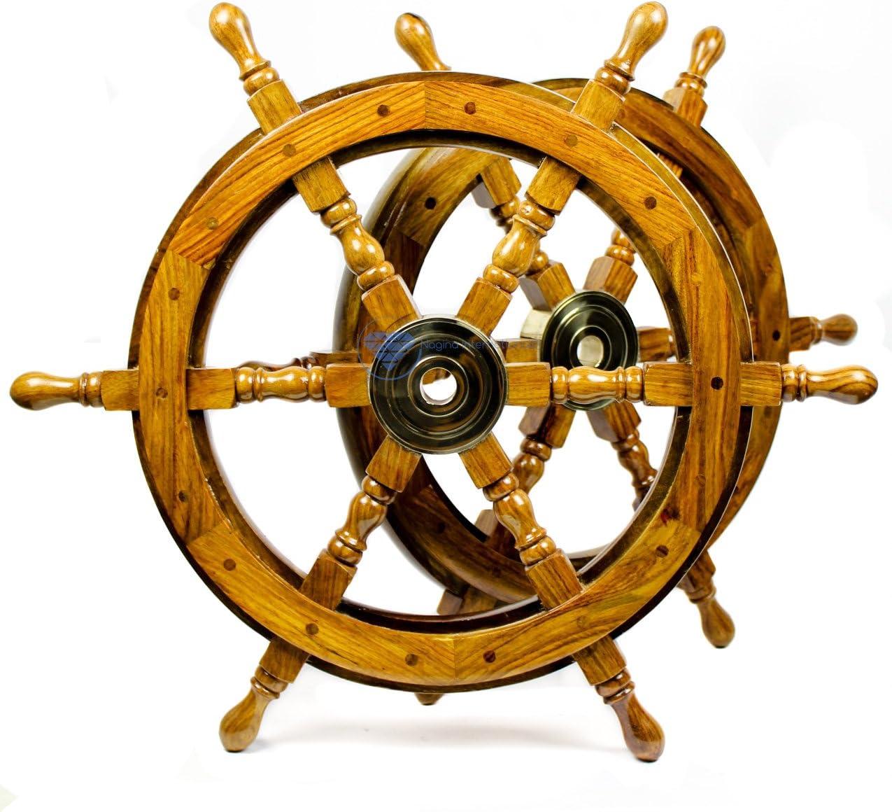 24" Dark Rosewood and Brass Nautical Ship Wheel Decor