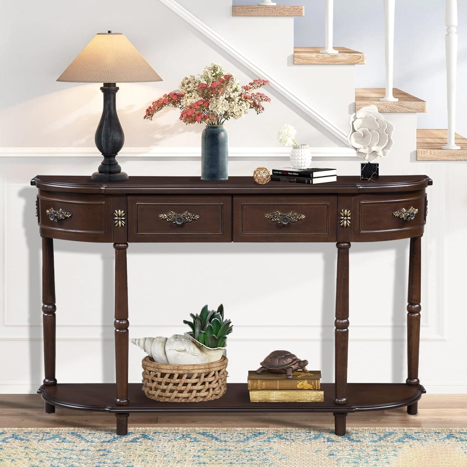 52" Espresso Wood Demilune Console Table with Storage